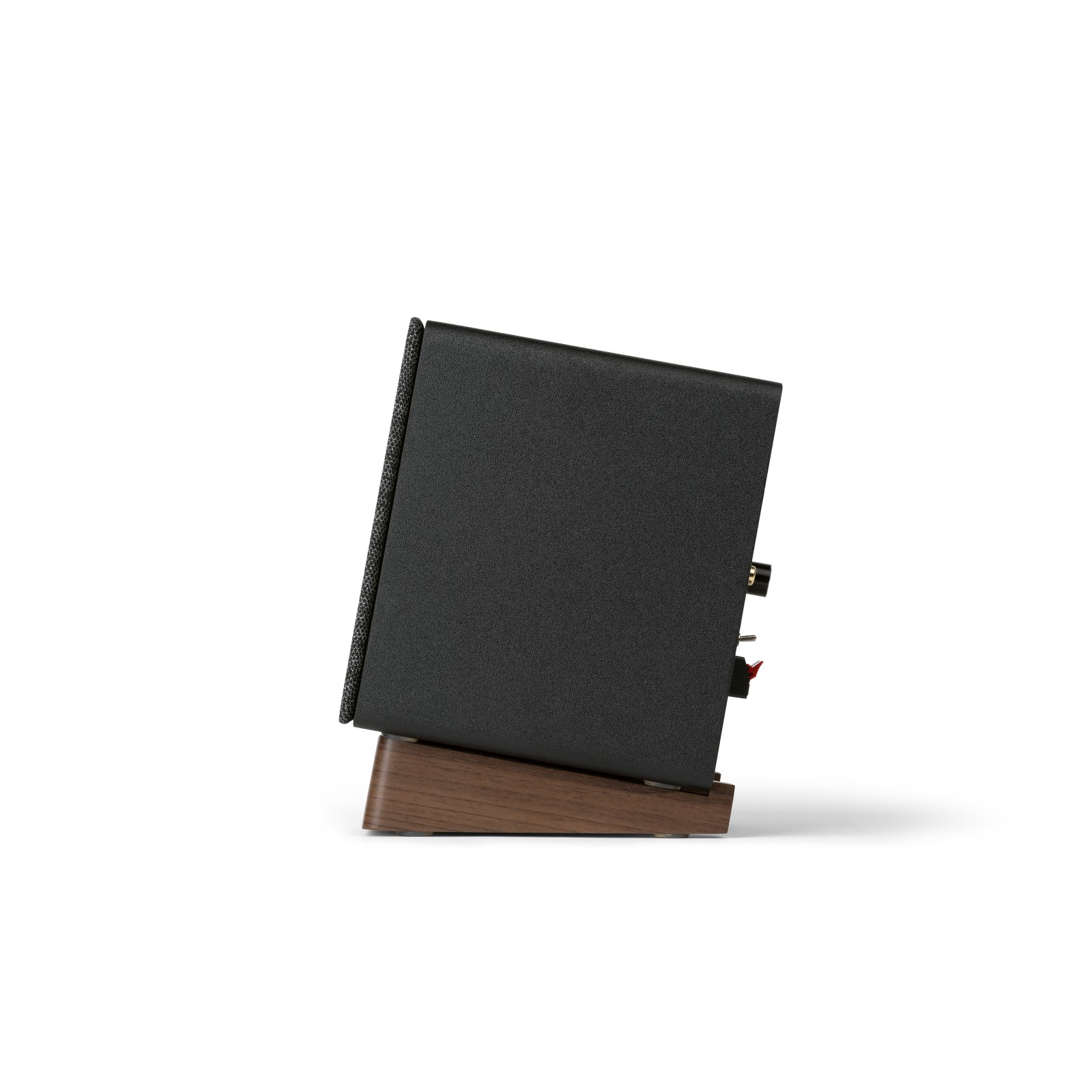 Un altoparlante nero su una base di legno, visto di lato. L'altoparlante è leggermente angolato. Sfondo bianco.