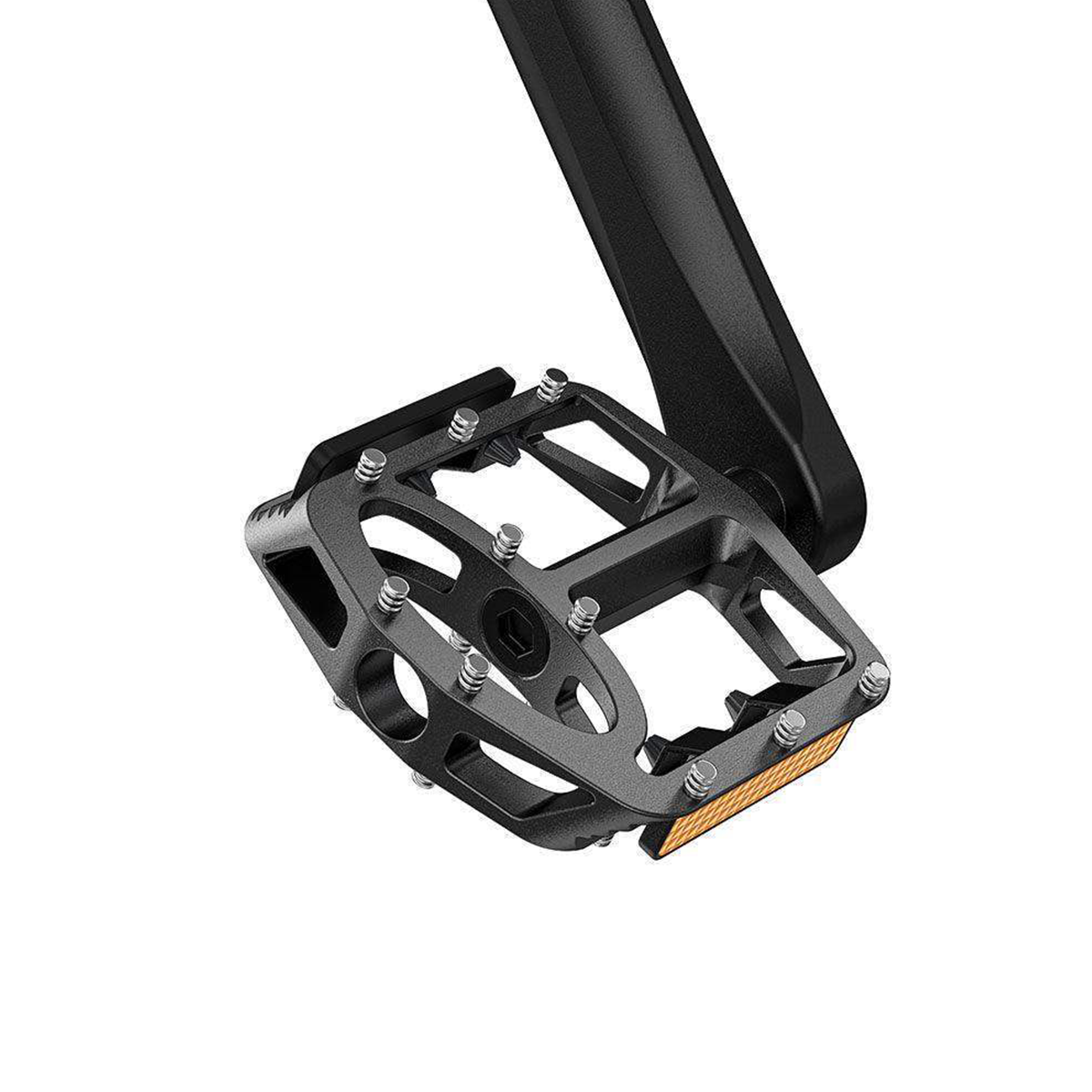 Zbliżenie szarego pedału rowerowego z czarnym ramieniem korby. Pedał ma prostokątny kształt i pomarańczowe odblaski.