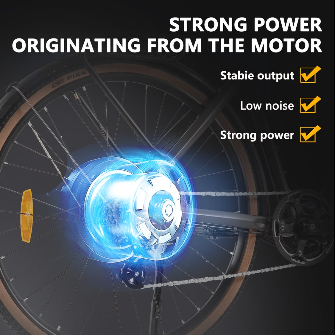 Zbliżenie koła roweru z niebieskim silnikiem i tekstem o mocy. Koło ma brązową oponę i srebrne szprychy.