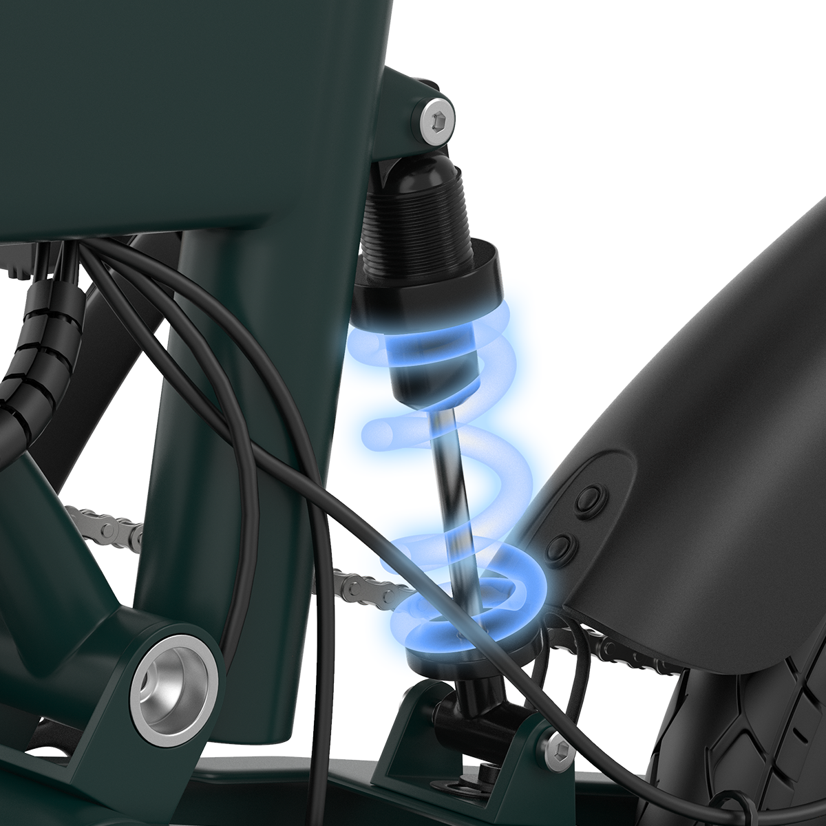 Zbliżenie amortyzatora rowerowego z niebieskim, świecącym efektem sprężyny.