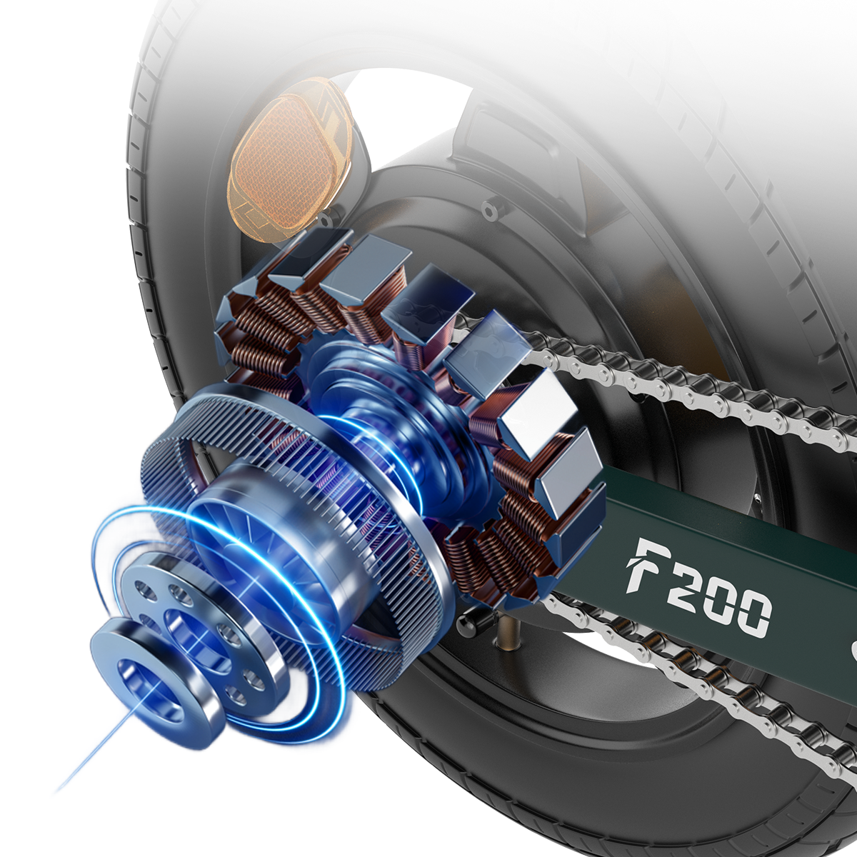 Zbliżenie silnika i łańcucha roweru, efektu elektrycznego niebieskiego oświetlenia.