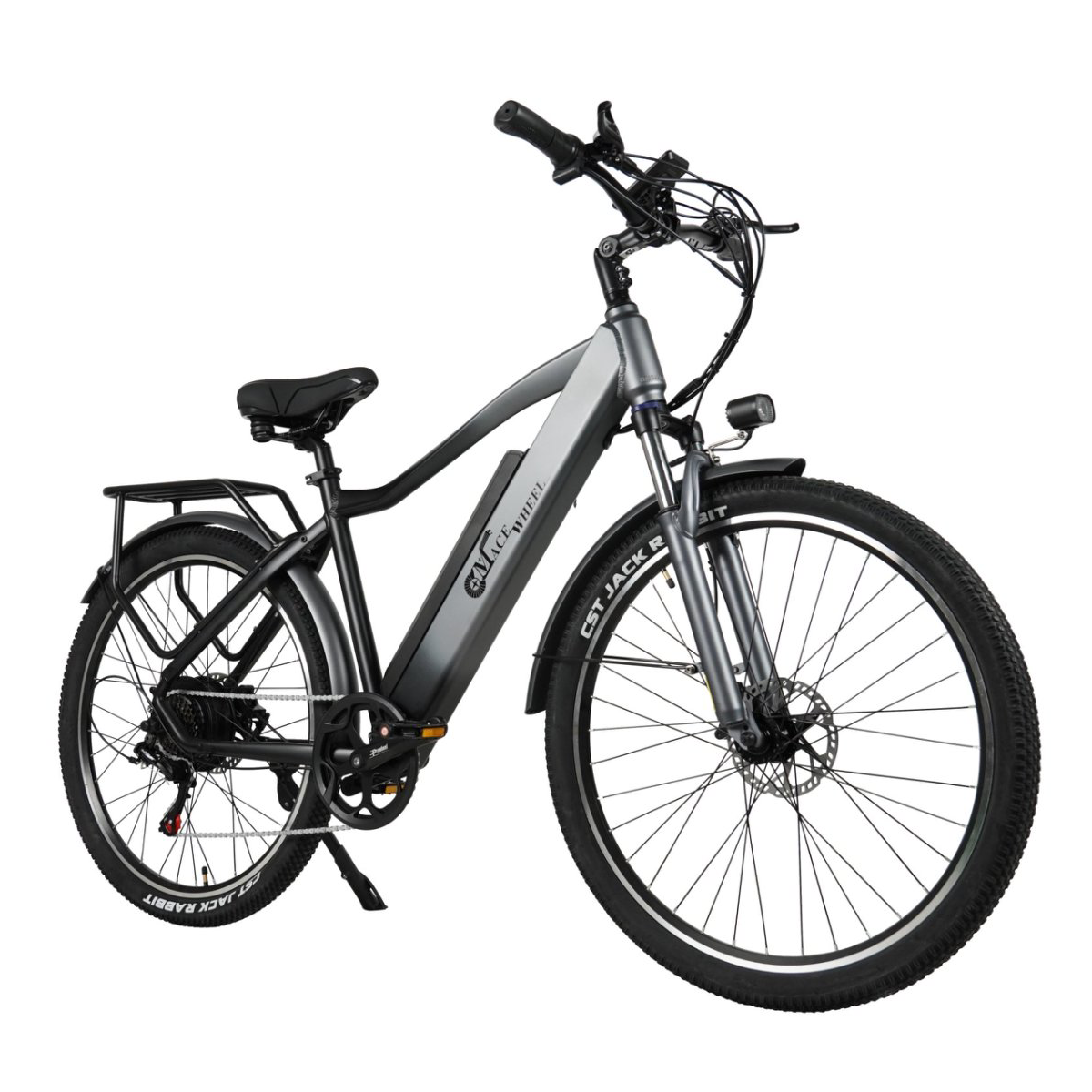 Szary rower elektryczny na białym tle. Widoczne czarne opony, zawieszenie i akcesoria.