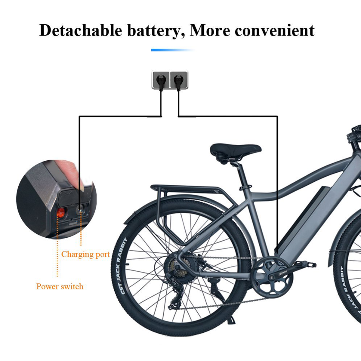 Rower elektryczny z portem ładowania i baterią. Przewody podłączone do dwóch gniazdek.