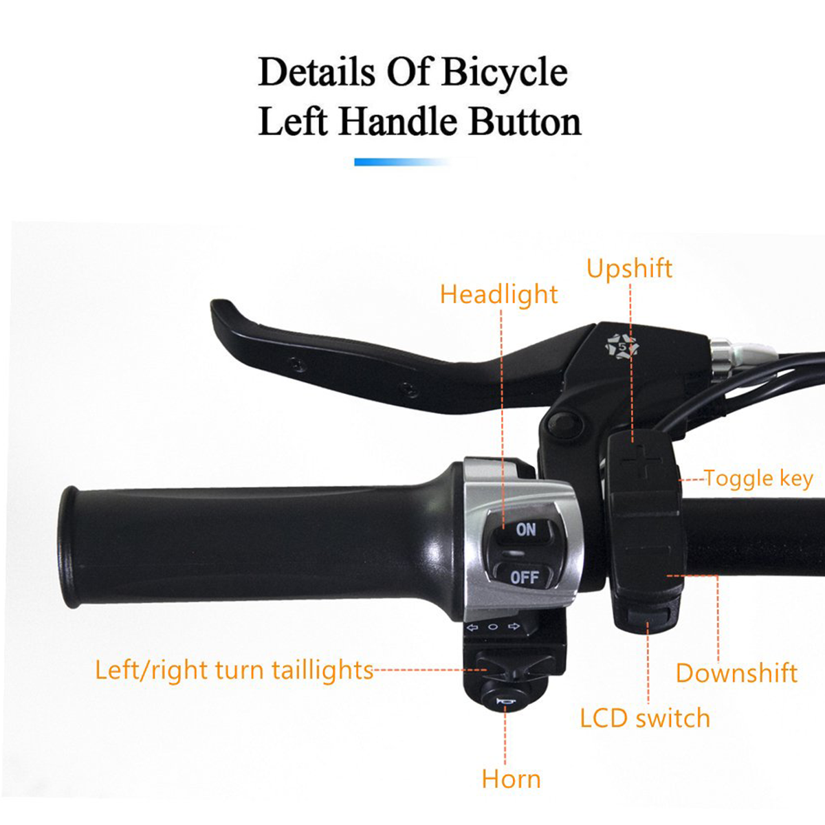 Zbliżenie kierownicy roweru elektrycznego, pokazujące elementy sterujące: światła, klakson, dźwignie.