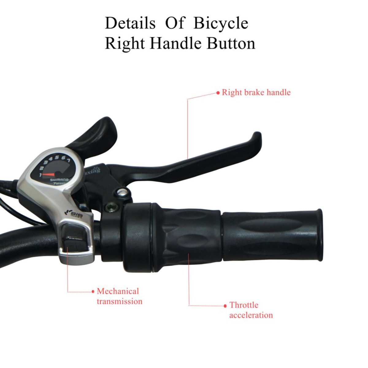 Zbliżenie prawej kierownicy roweru elektrycznego, widoczna przepustnica i dźwignia hamulca.