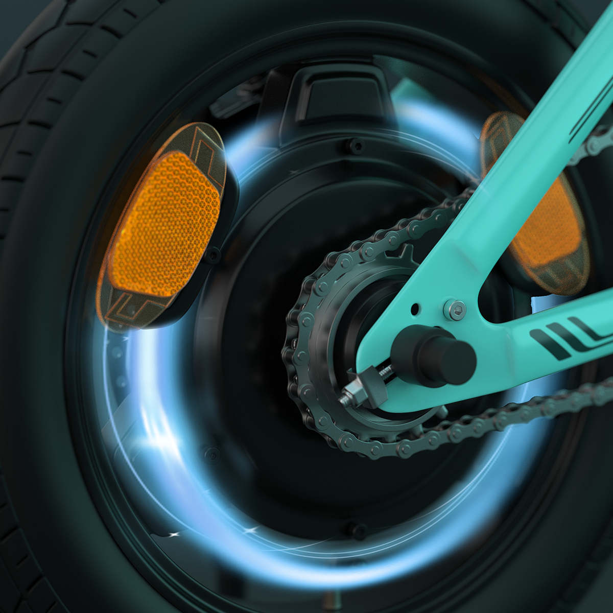 Zbliżenie na koło roweru z efektem niebieskiej poświaty. Widoczne pomarańczowe odblaski.
