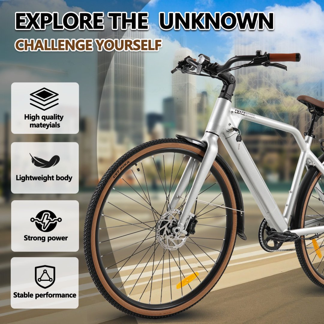 Rower z tekstem opisującym wysokiej jakości materiały, lekką konstrukcję, dużą moc i stabilną wydajność.