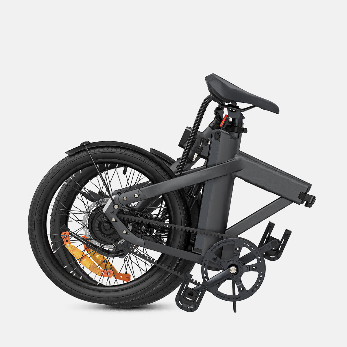 Czarny składany rower elektryczny, złożony, na białym tle. Kompaktowy, małe koła. Marka niewidoczna.