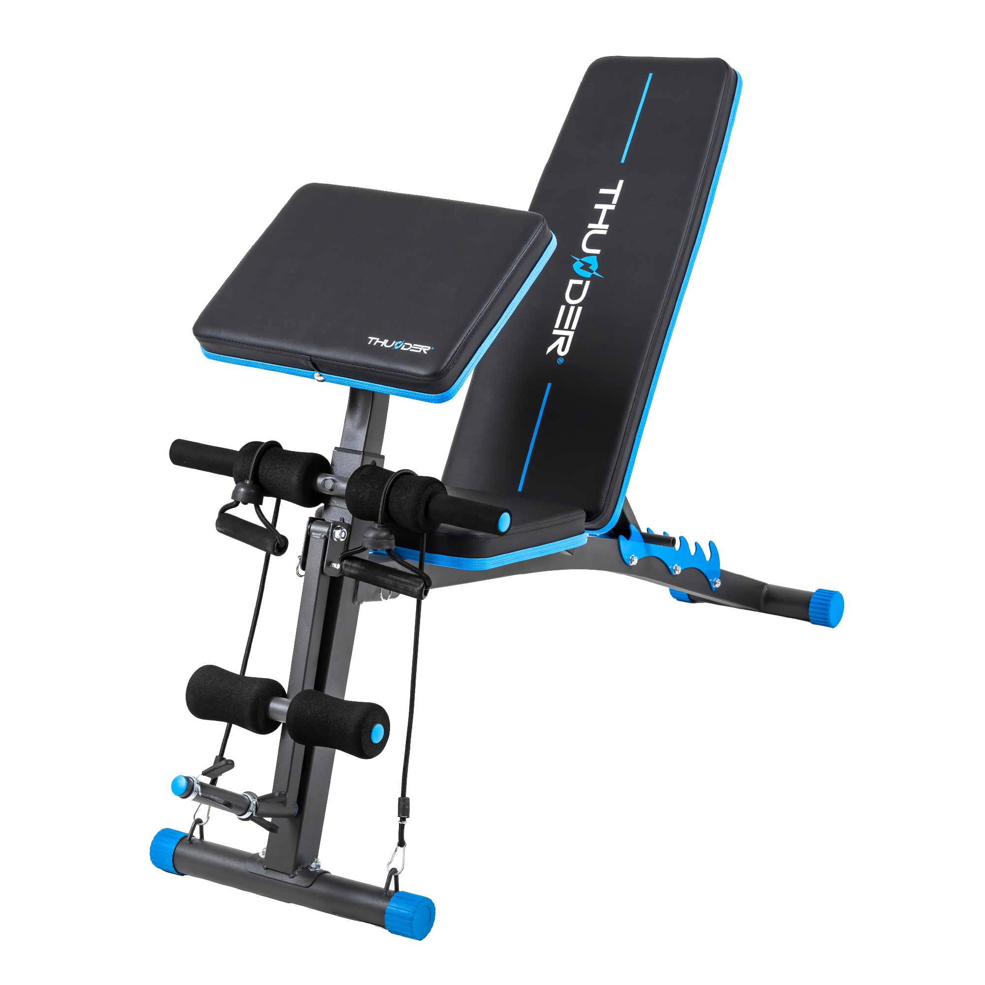 Czarna i niebieska ławka do ćwiczeń z podłokietnikiem, podpórkami na nogi i taśmami oporowymi.