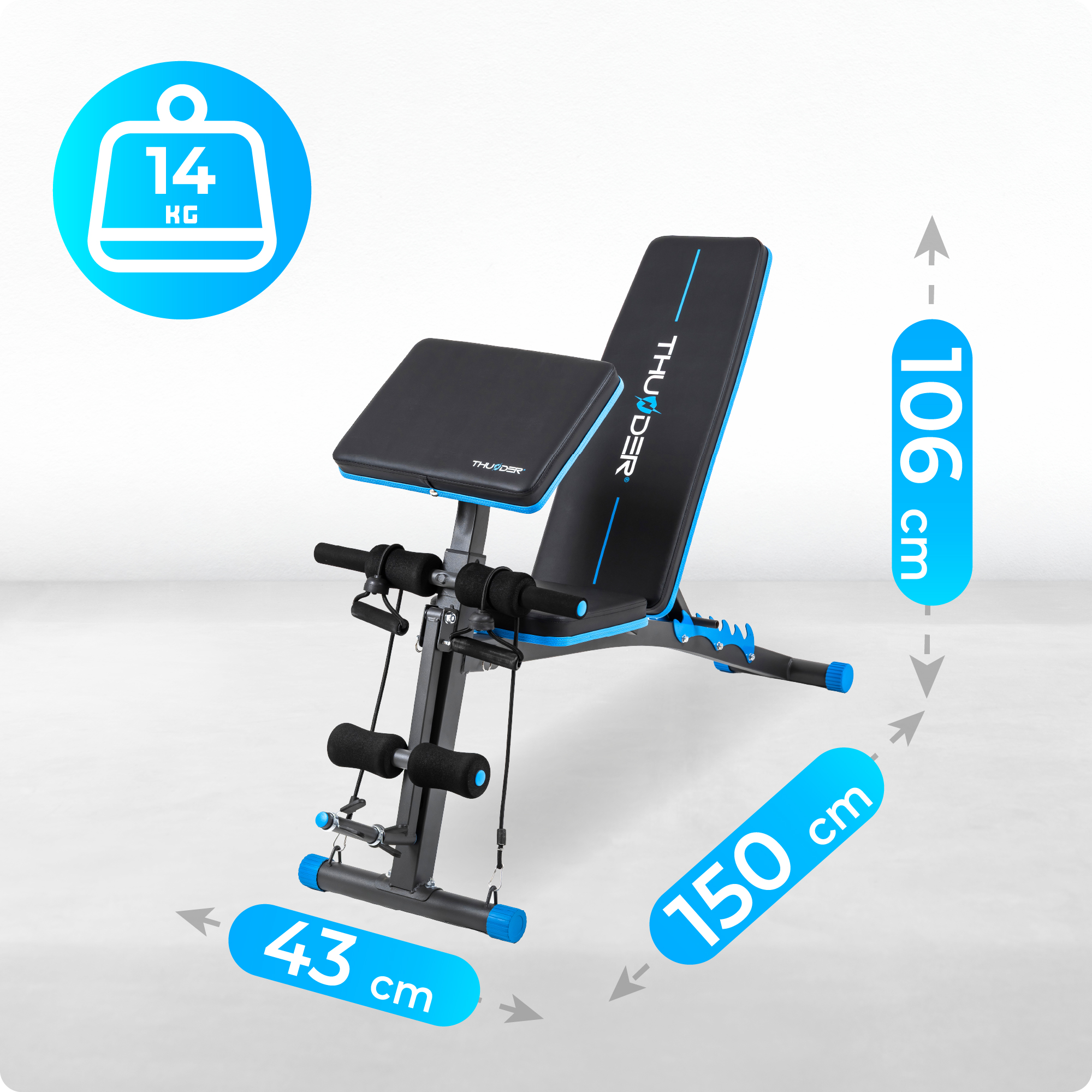 Ławka do ćwiczeń z wymiarami i informacją o wadze. Ławka jest czarna i niebieska.