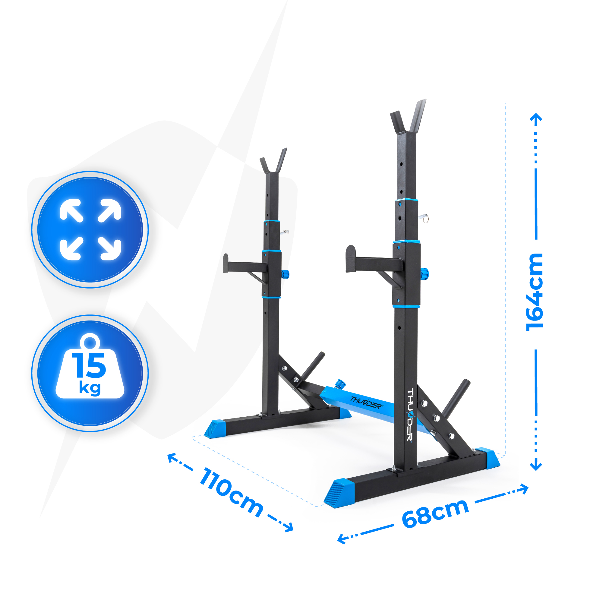Stojak do przysiadów z wymiarami. Stojak jest czarny i niebieski, ze strzałkami wskazującymi wymiary.