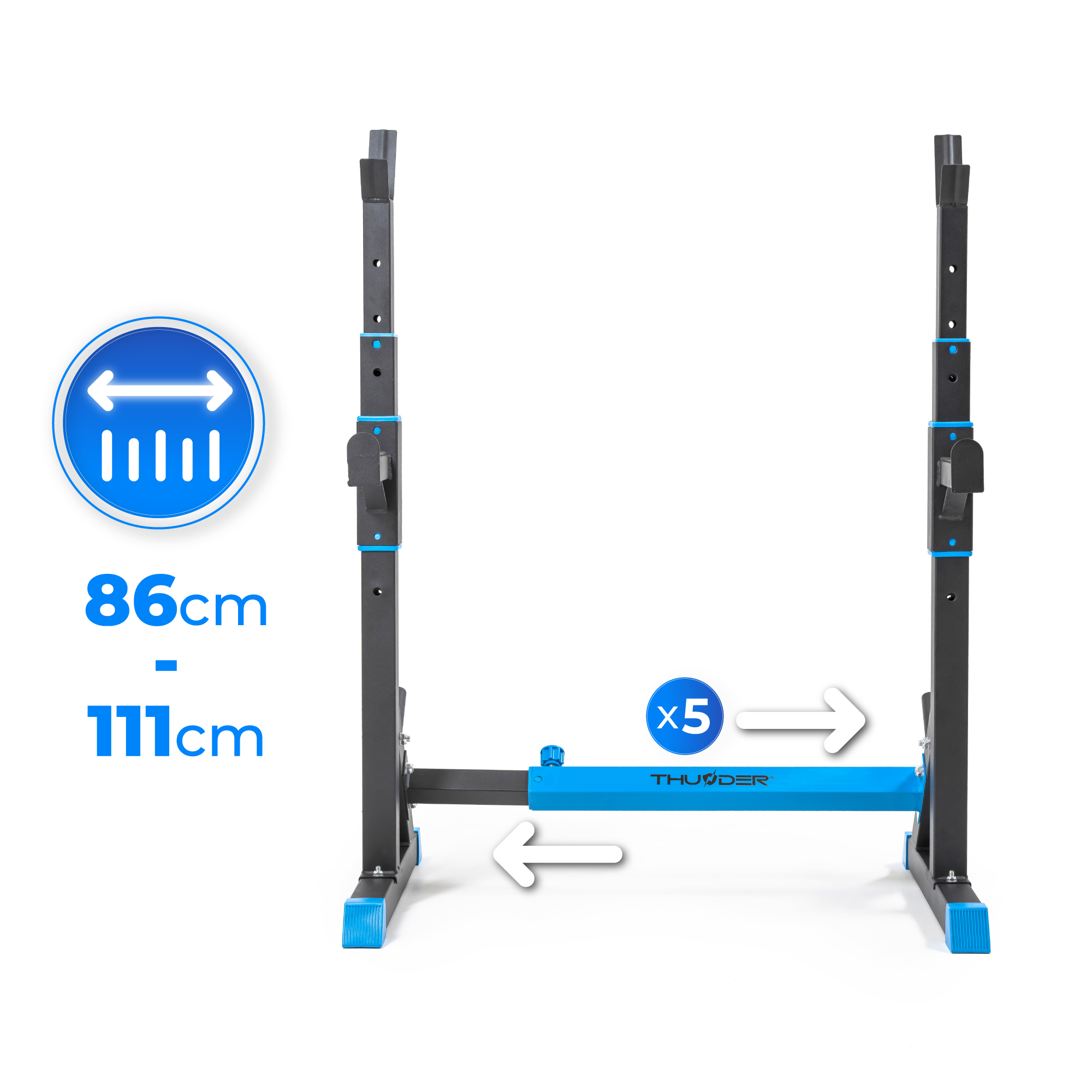 Stojak do przysiadów z wymiarami. Stojak jest czarny i niebieski, ze strzałkami wskazującymi wymiary.