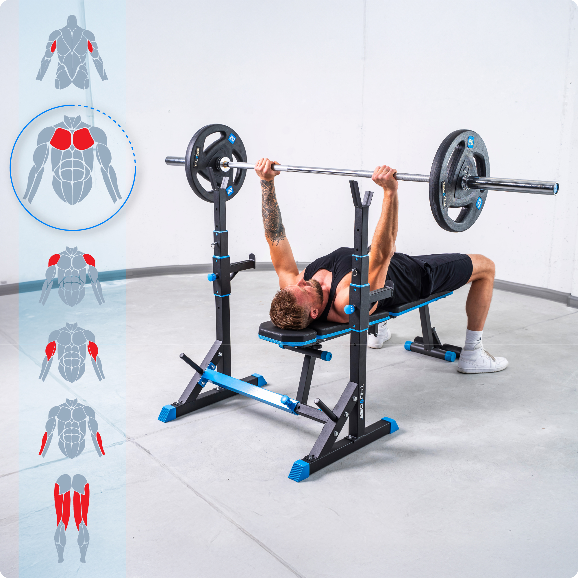 Mężczyzna wyciska ciężary na ławce. Leży na ławce, podnosząc sztangę. Diagram pokazuje mięśnie.