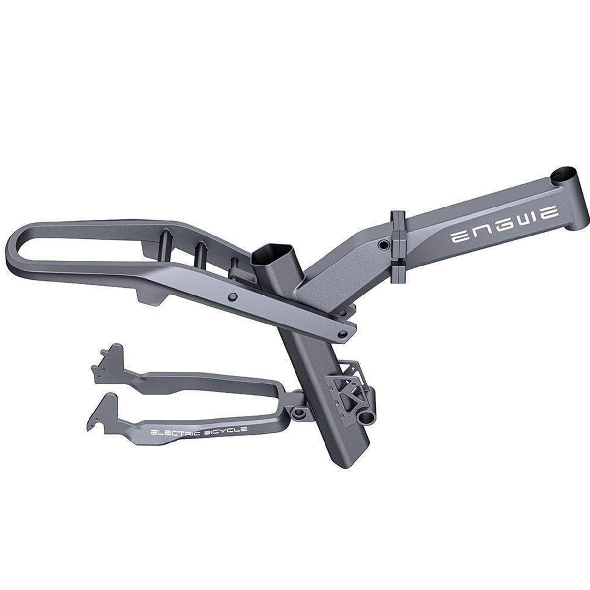 Szara rama roweru elektrycznego z marką 'ENGWE', przeznaczona do składania lub przechowywania.