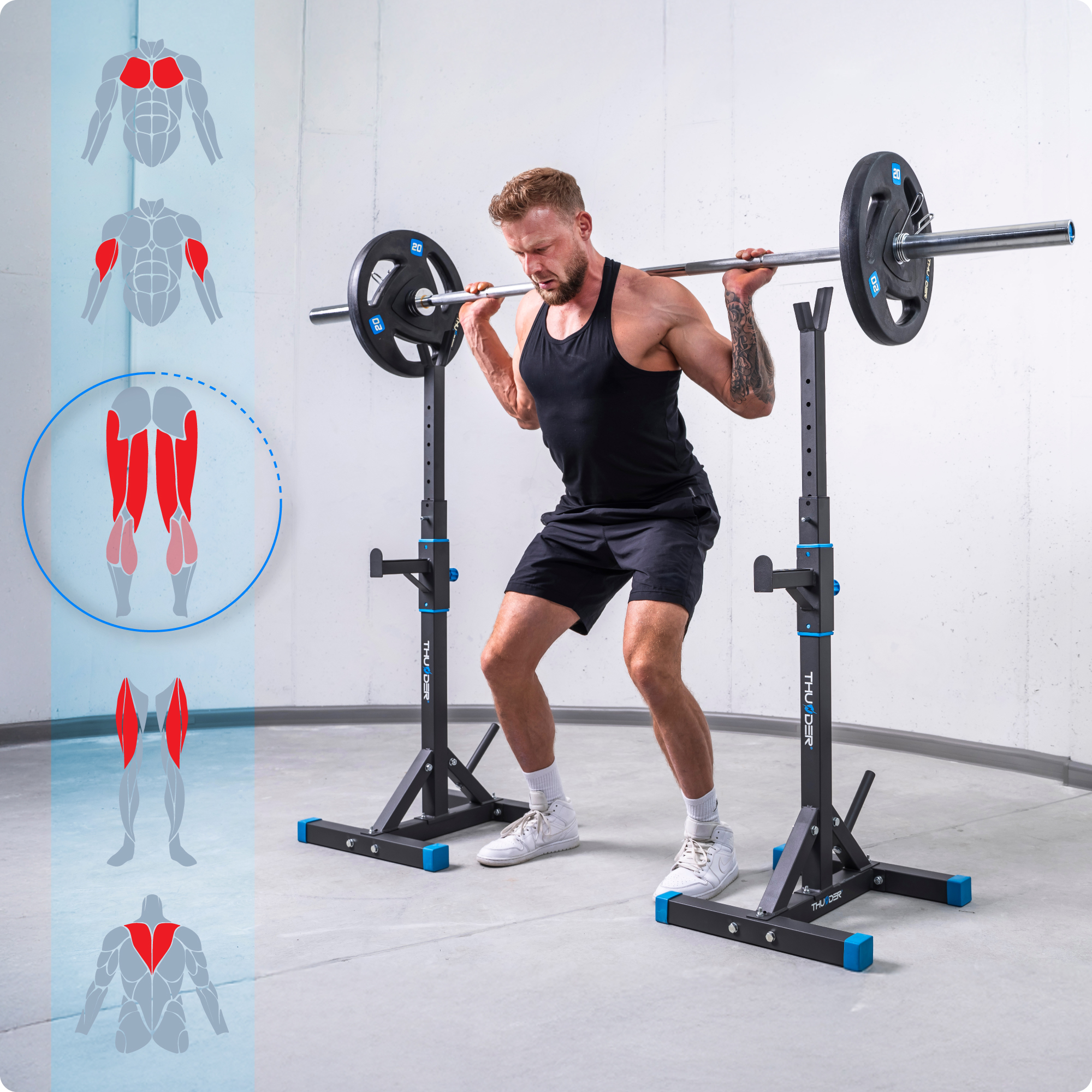 Mężczyzna robi przysiady ze sztangą na stojaku czarno-niebieskim. Schematy pokazują mięśnie używane w ćwiczeniu.