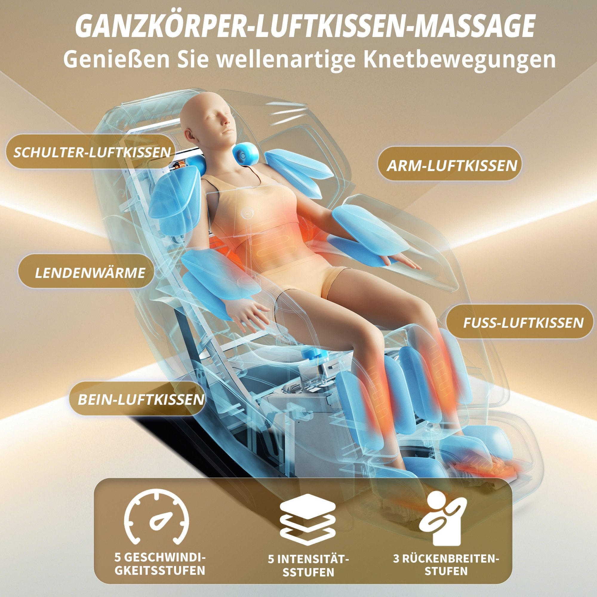 Massagestuhl, Liegeposition, mit Diagrammen, die verschiedene Massagetechniken zeigen.
