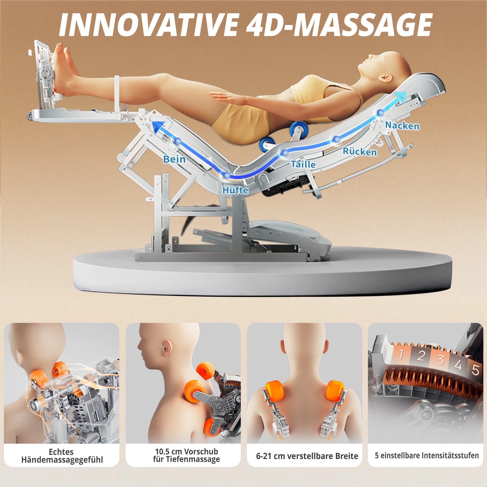 Vier Steuerungsmethoden für einen Massagestuhl: Touchscreen, App, Verknüpfungstasten, Sprachsteuerung.