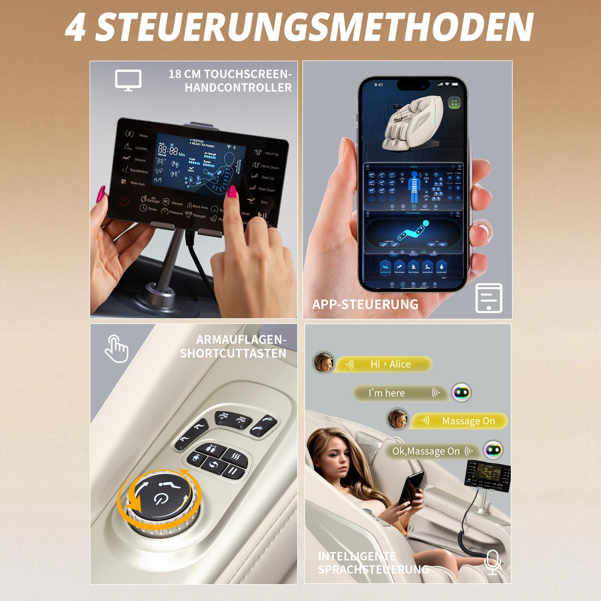 Frau in einem Massagestuhl, die neun Massagetechniken mit Symbolen vorstellt.
