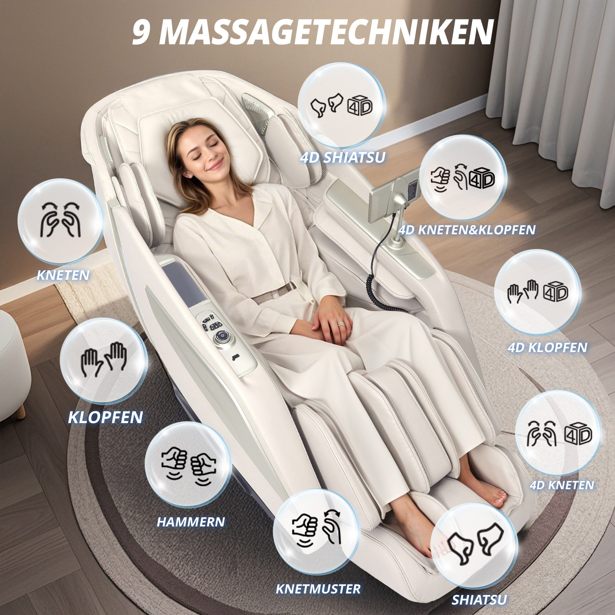 Frau in einem Massagestuhl mit Symbolen, die Funktionen wie Körperscan, Heizung und App-Steuerung zeigen.