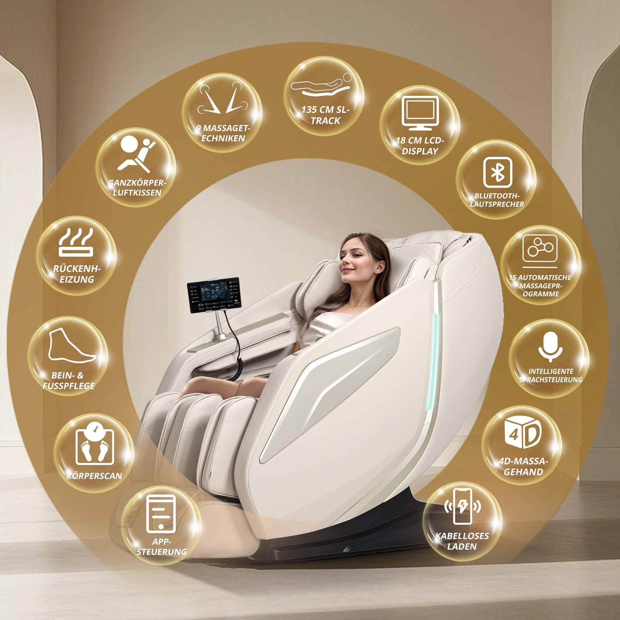 Brauner und cremefarbener Massagestuhl mit blauen Akzenten und einem Tablet. Der Stuhl ist angewinkelt.