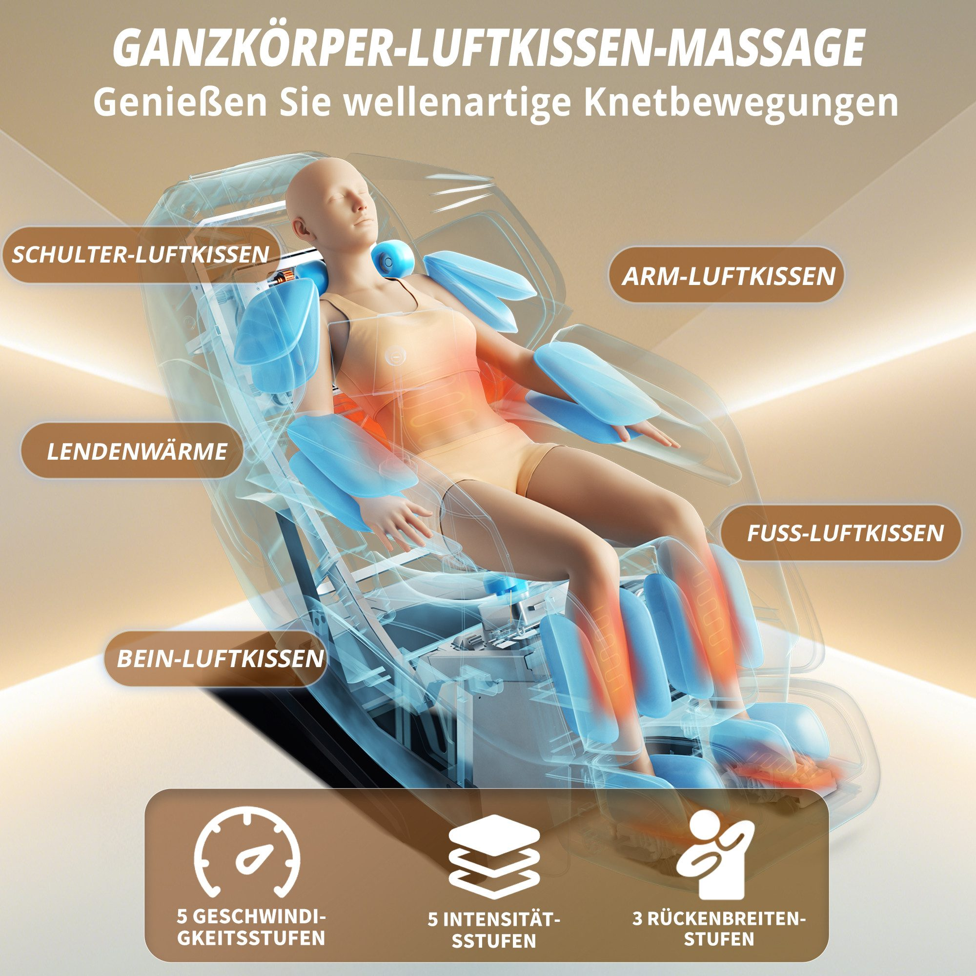 Massagestuhl, Liegeposition, mit Diagrammen, die verschiedene Massagetechniken zeigen.