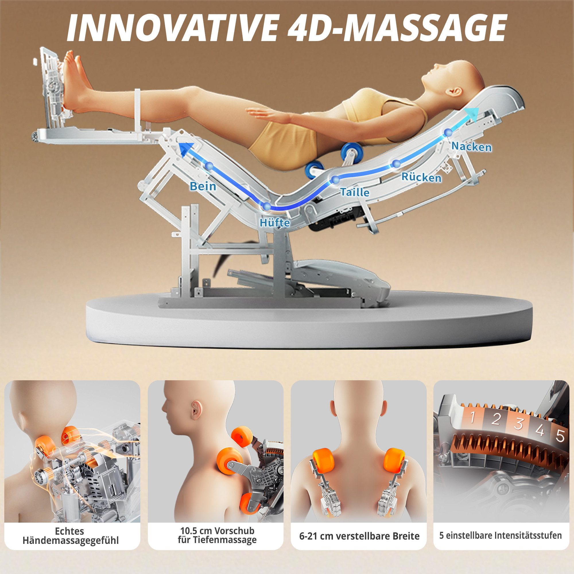 Vier Steuerungsmethoden für einen Massagestuhl: Touchscreen, App, Verknüpfungstasten, Sprachsteuerung.
