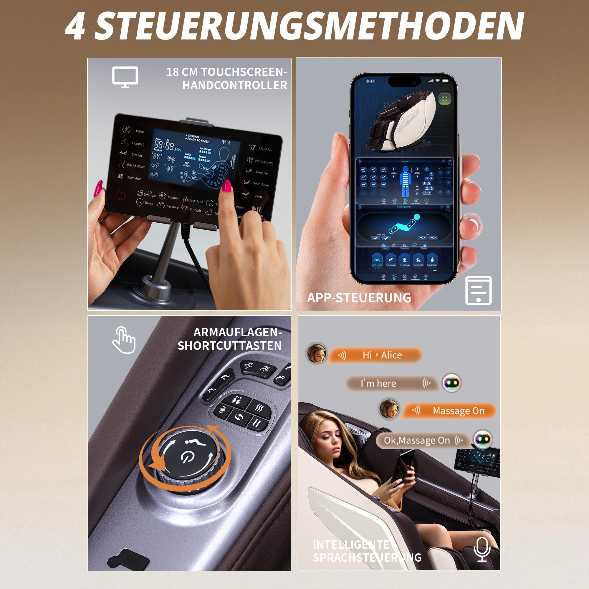 Frau in einem Massagestuhl, die neun Massagetechniken mit Symbolen vorstellt.