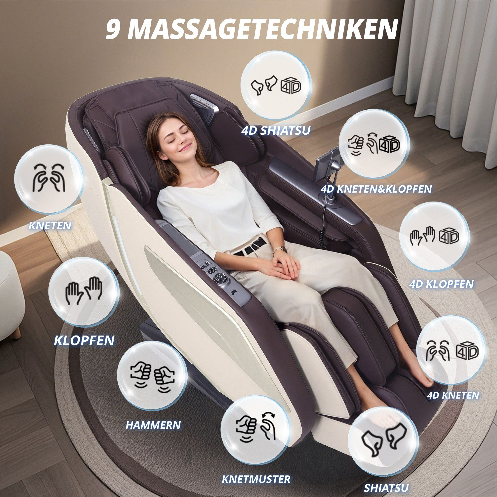 Frau in einem Massagestuhl mit Symbolen, die Funktionen wie Körperscan, Heizung und App-Steuerung zeigen.