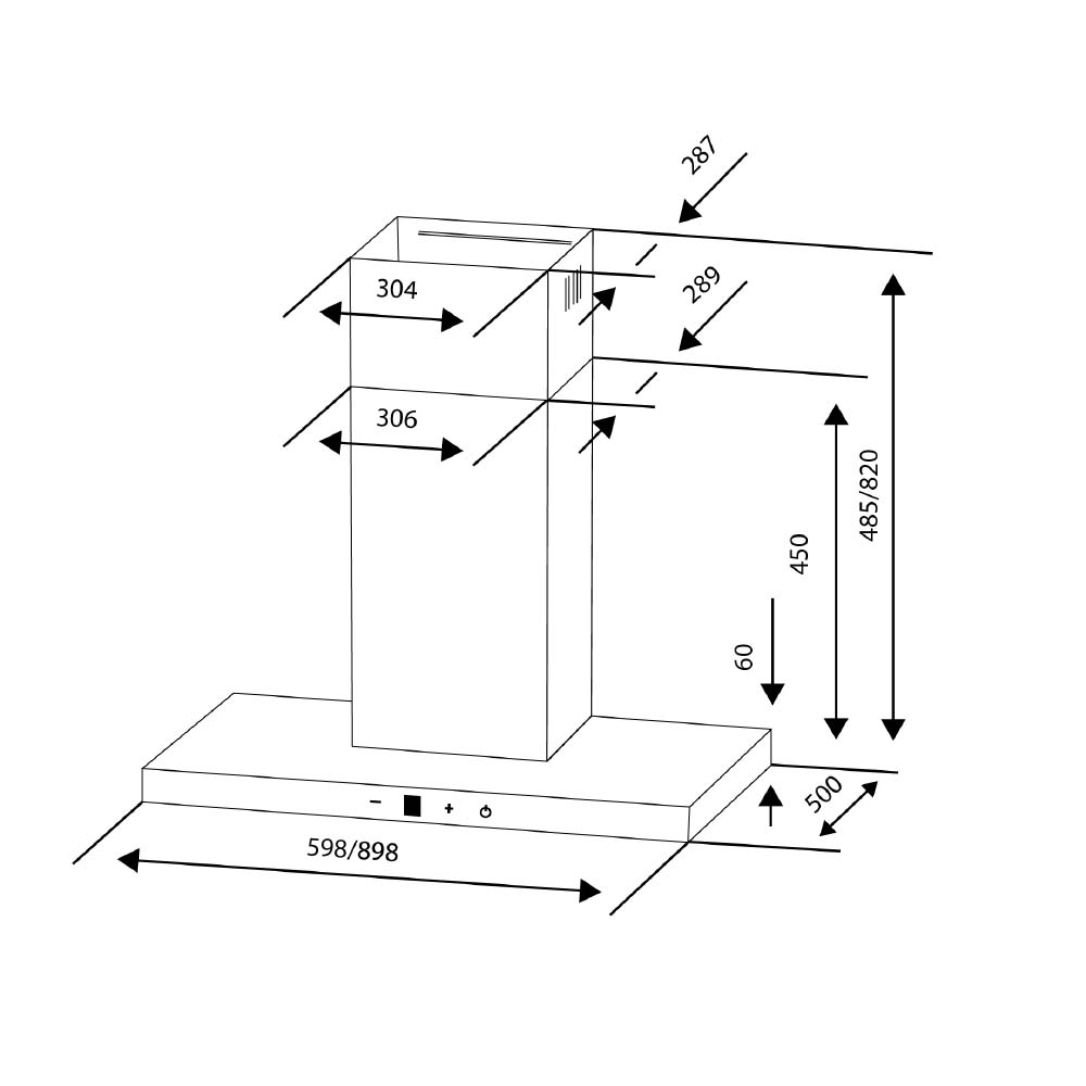 Diagrama de una campana extractora con dimensiones. Muestra vistas superior, lateral y frontal.