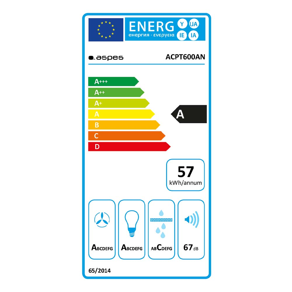 Etiqueta energética de una campana extractora Aspes, mostrando eficiencia energética y especificaciones.