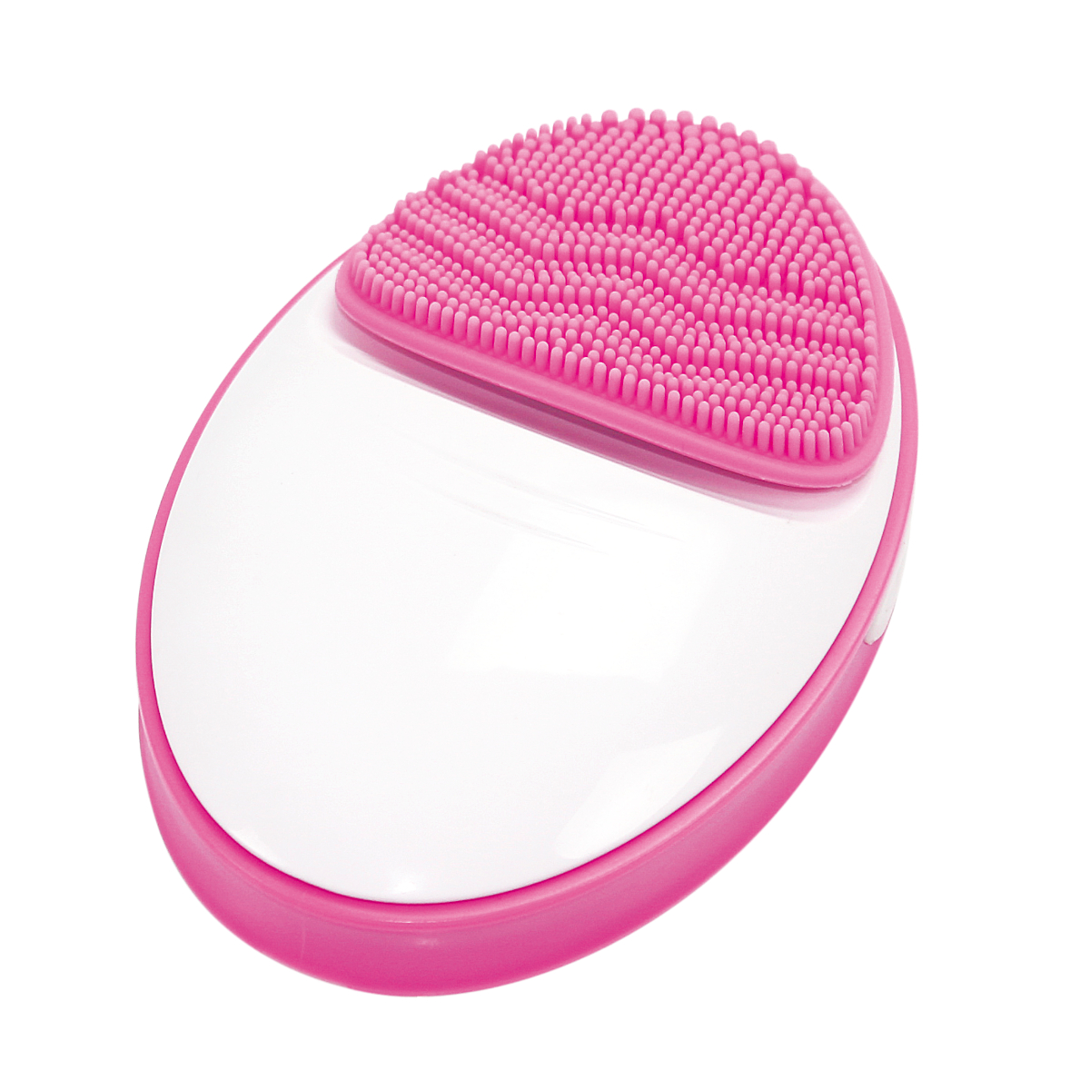 Un cepillo de limpieza facial rosa y blanco. El cepillo tiene un cabezal de cerdas texturizado rosa. Fondo blanco.