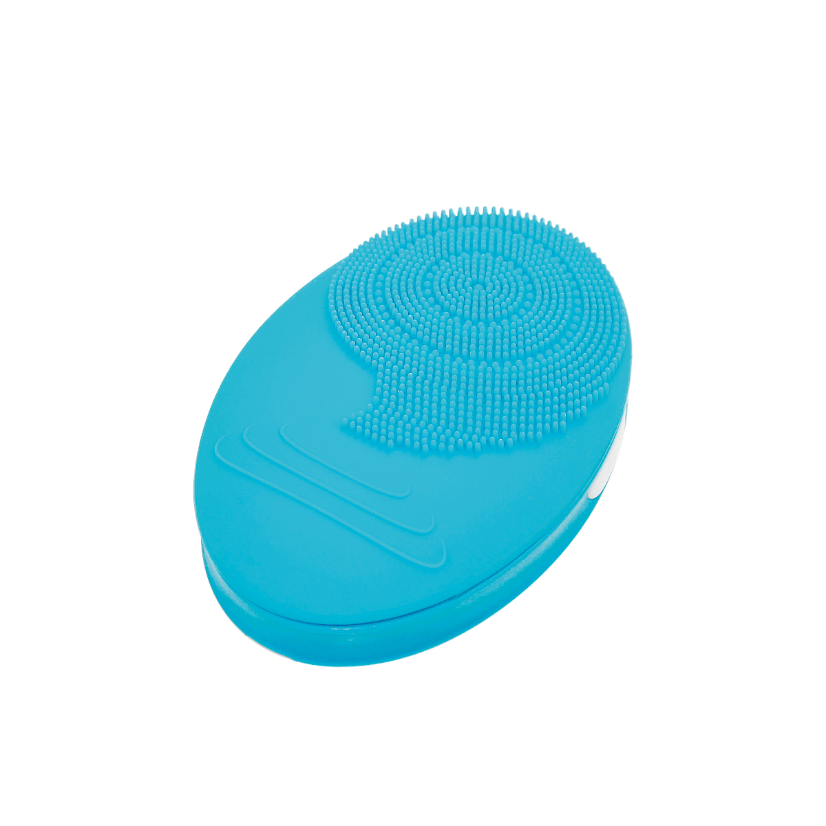 Un cepillo facial turquesa, de forma ovalada con zona de cerdas y zona de mango.