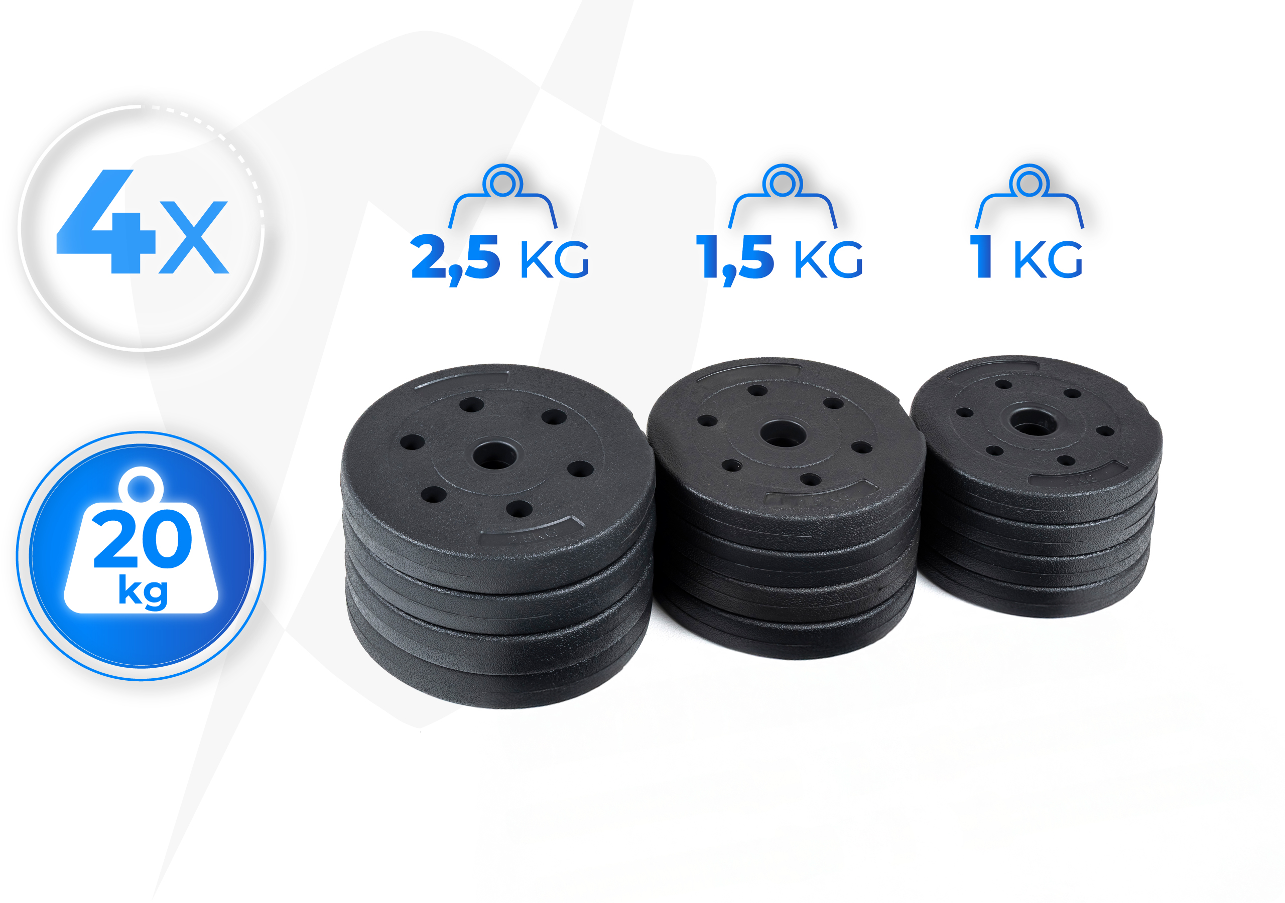 Czarne obciążenia. Są oznaczone jako 20 kg, 2,5 kg, 1,5 kg i 1 kg. Po cztery każdego rodzaju.