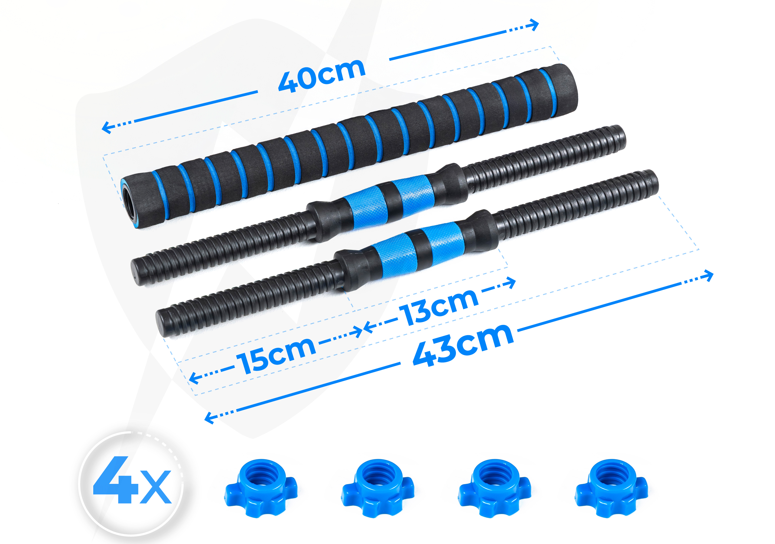 Uchwyty do sztangi, łączniki i nakrętki. Wymiary są pokazane. Są czarne z niebieskimi akcentami.