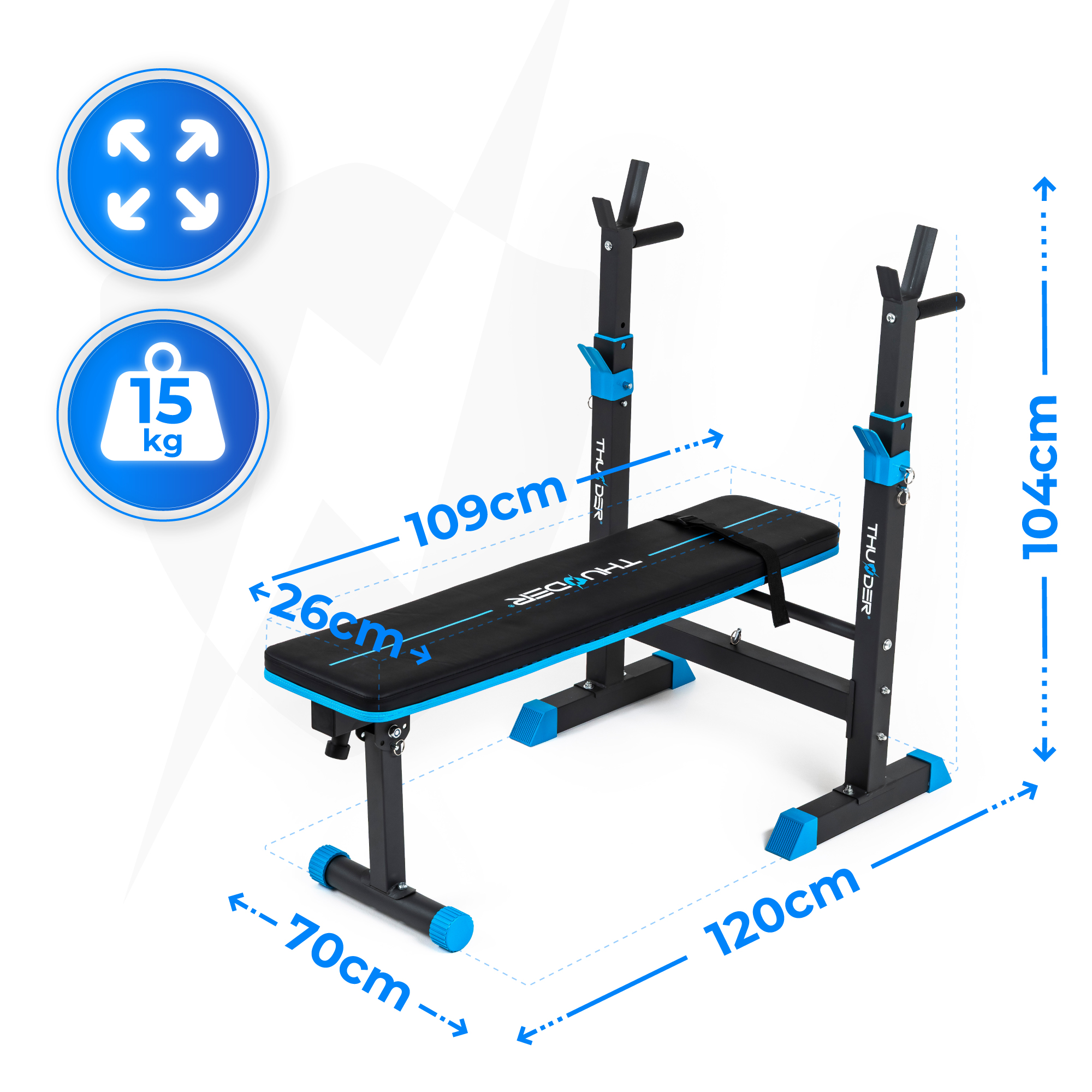 Ławka do ćwiczeń z wymiarami. Ławka jest czarna z niebieskimi akcentami. Strzałki i liczby wskazują wymiary.