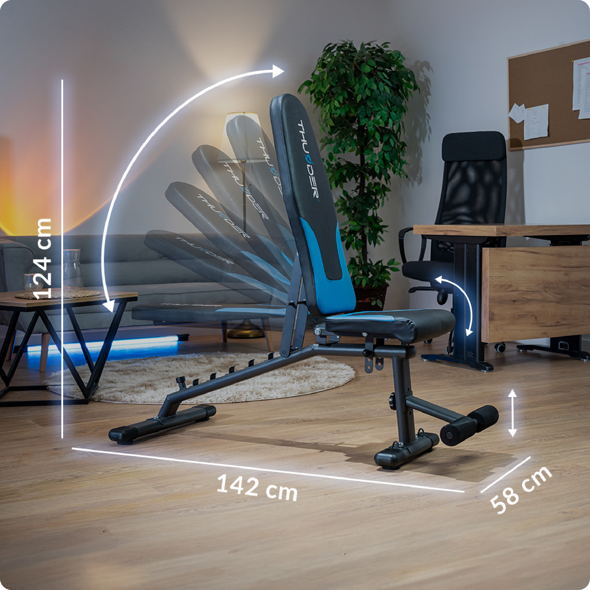 Regulowana ławka do ćwiczeń pokazująca wymiary i kąty regulacji. Jest czarna i niebieska.