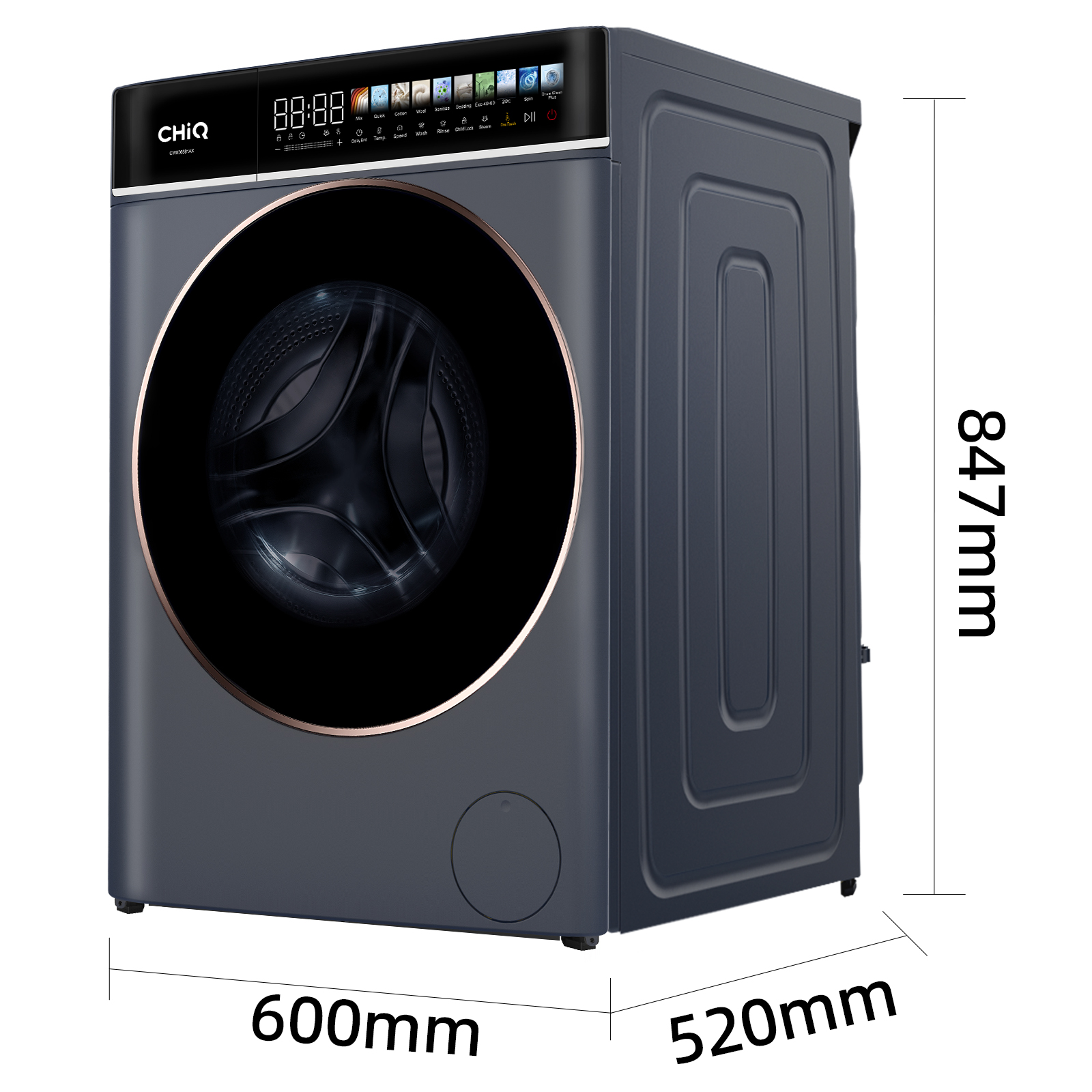 Lave-linge gris foncé avec dimensions affichées. La porte est fermée. L'écran est allumé.