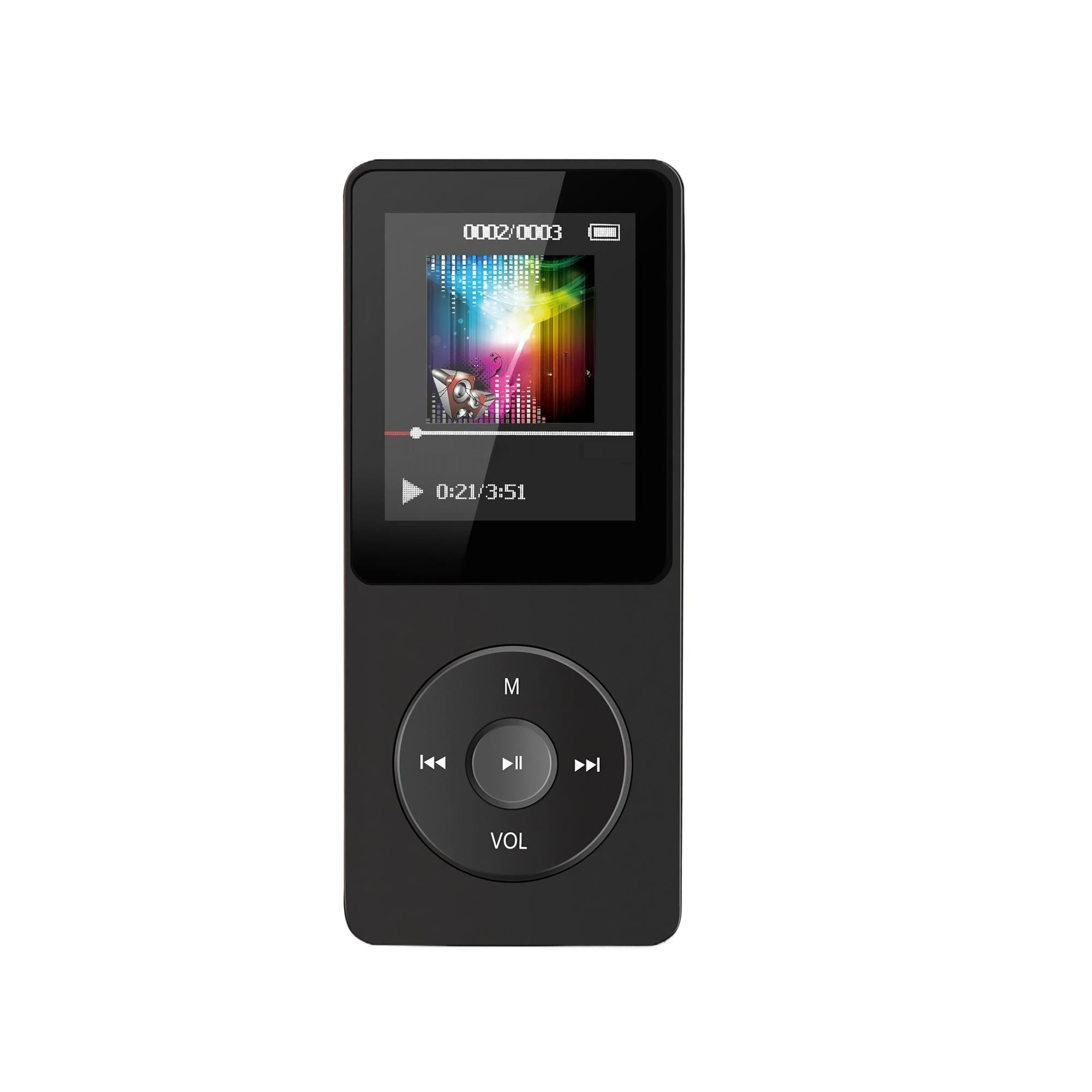Schwarzer MP3-Player mit Bildschirm, der ein farbenfrohes Bild zeigt. Hat Steuertasten.