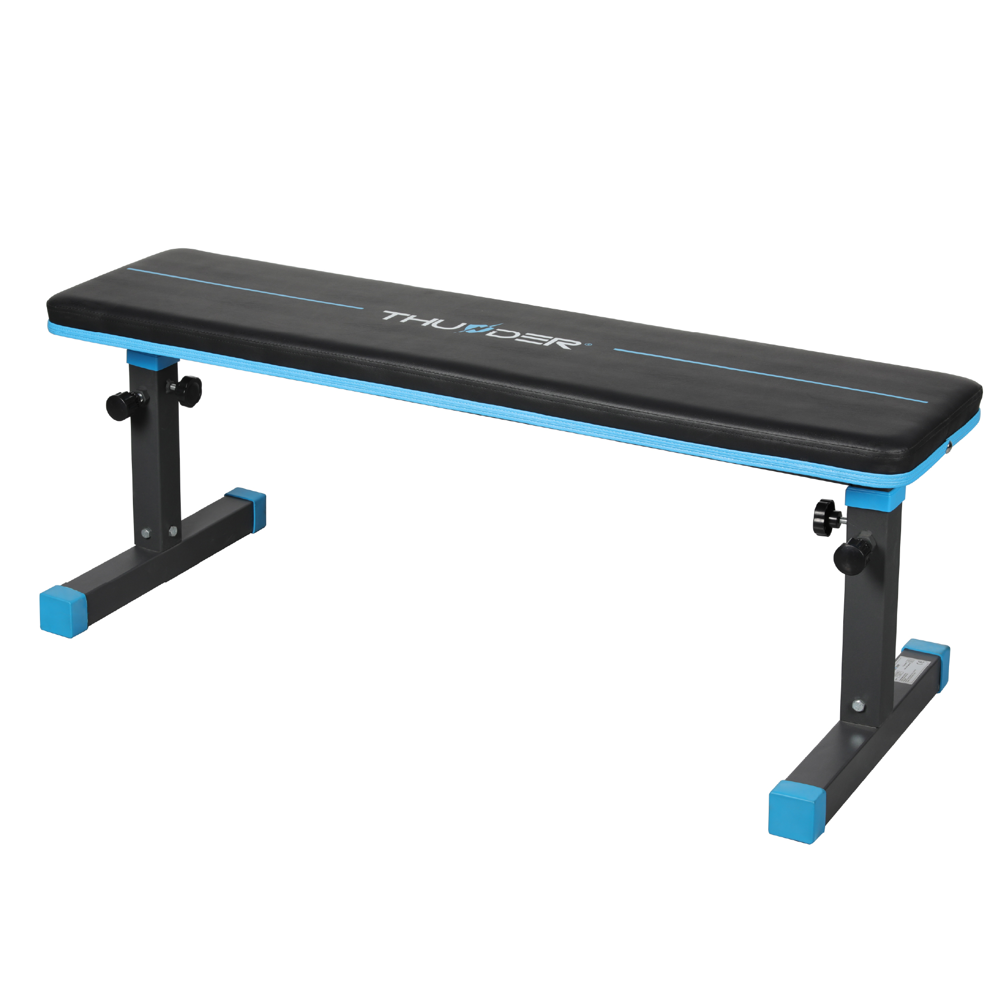 Czarno-niebieska ławka do ćwiczeń. Ławka ma czarną, wyściełaną powierzchnię z niebieskimi wykończeniami i nogami. Marka THUNDER jest napisana.