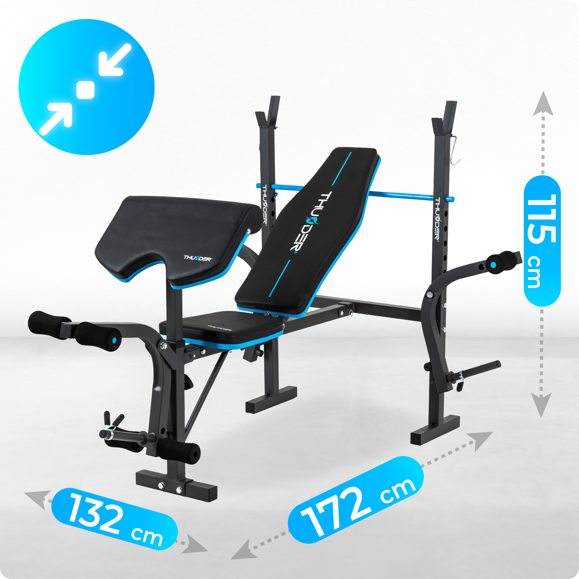 Ławka do ćwiczeń z wymiarami. Ławka ma markę THUNDER. Wymiary: 132 cm szerokości, 172 cm długości i 115 cm wysokości.
