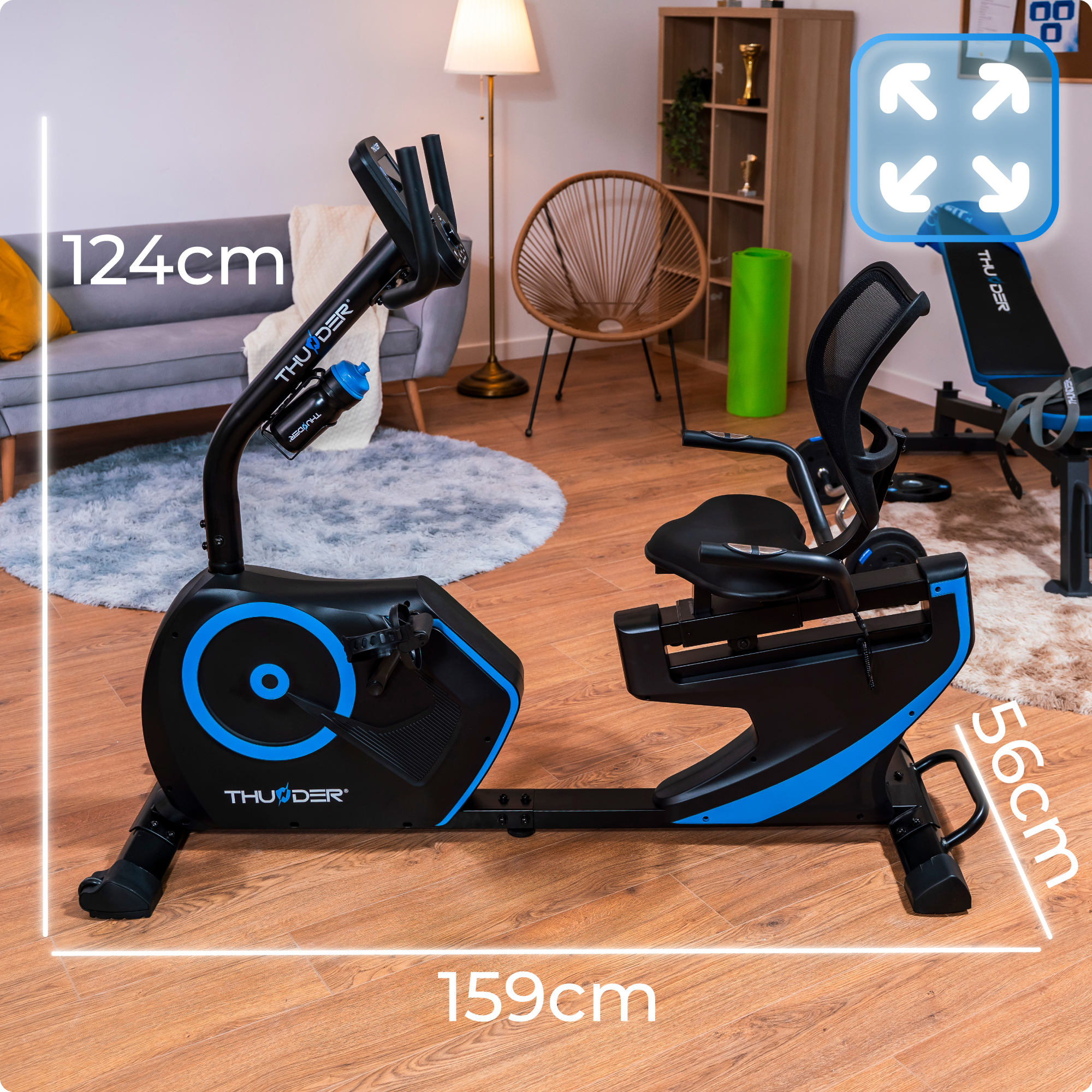 Rower poziomy z kobietą, pokazujący wymiary.