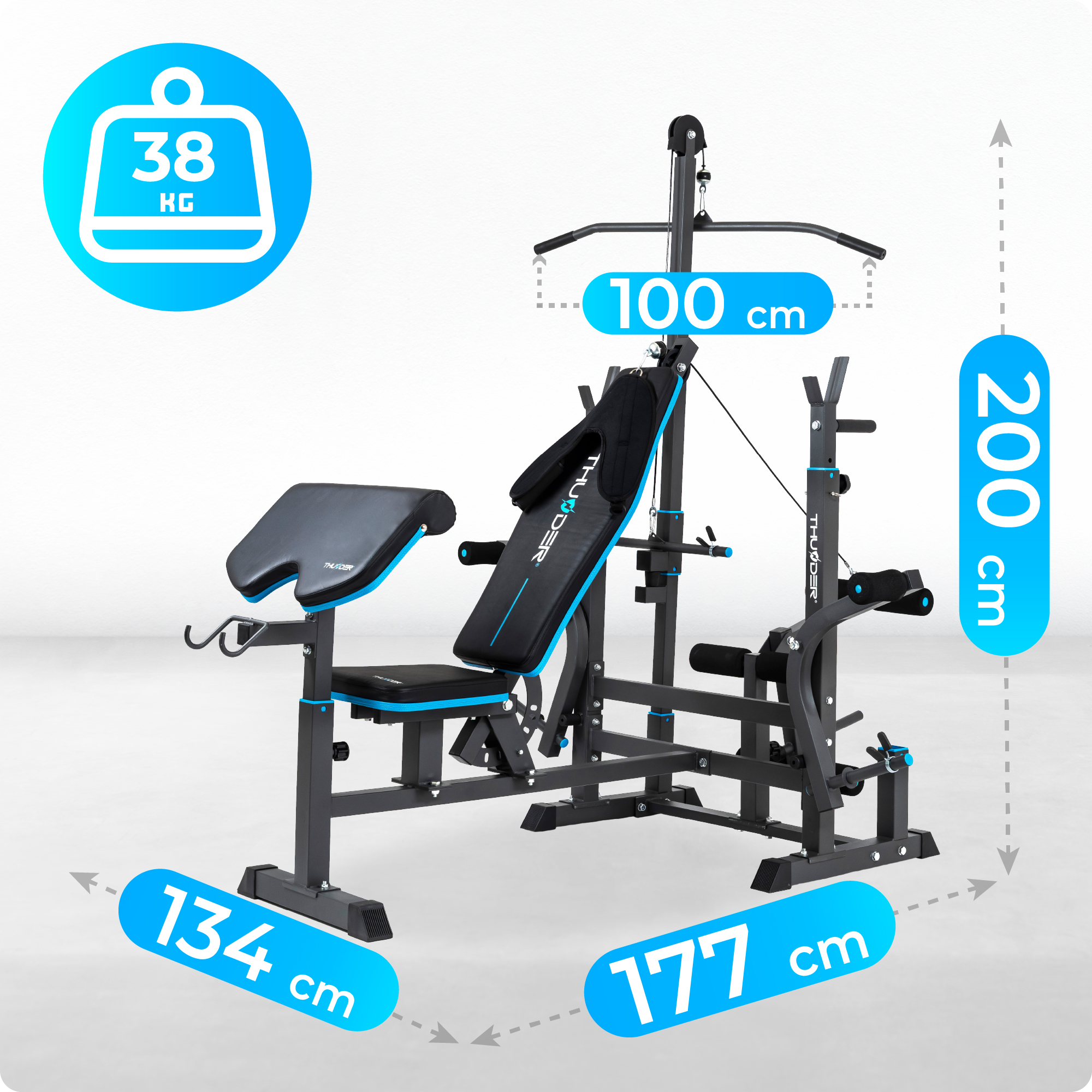 Ławka do ćwiczeń z wymiarami: szerokość 134 cm, długość 177 cm, wysokość 200 cm. Waga: 38 kg.
