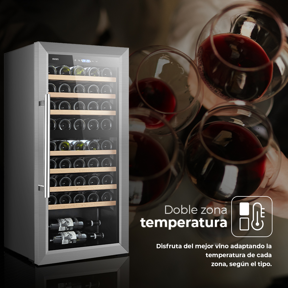 Un refrigerador de vino con puerta de vidrio y estantes de madera, junto a una imagen de copas de vino y texto en español.