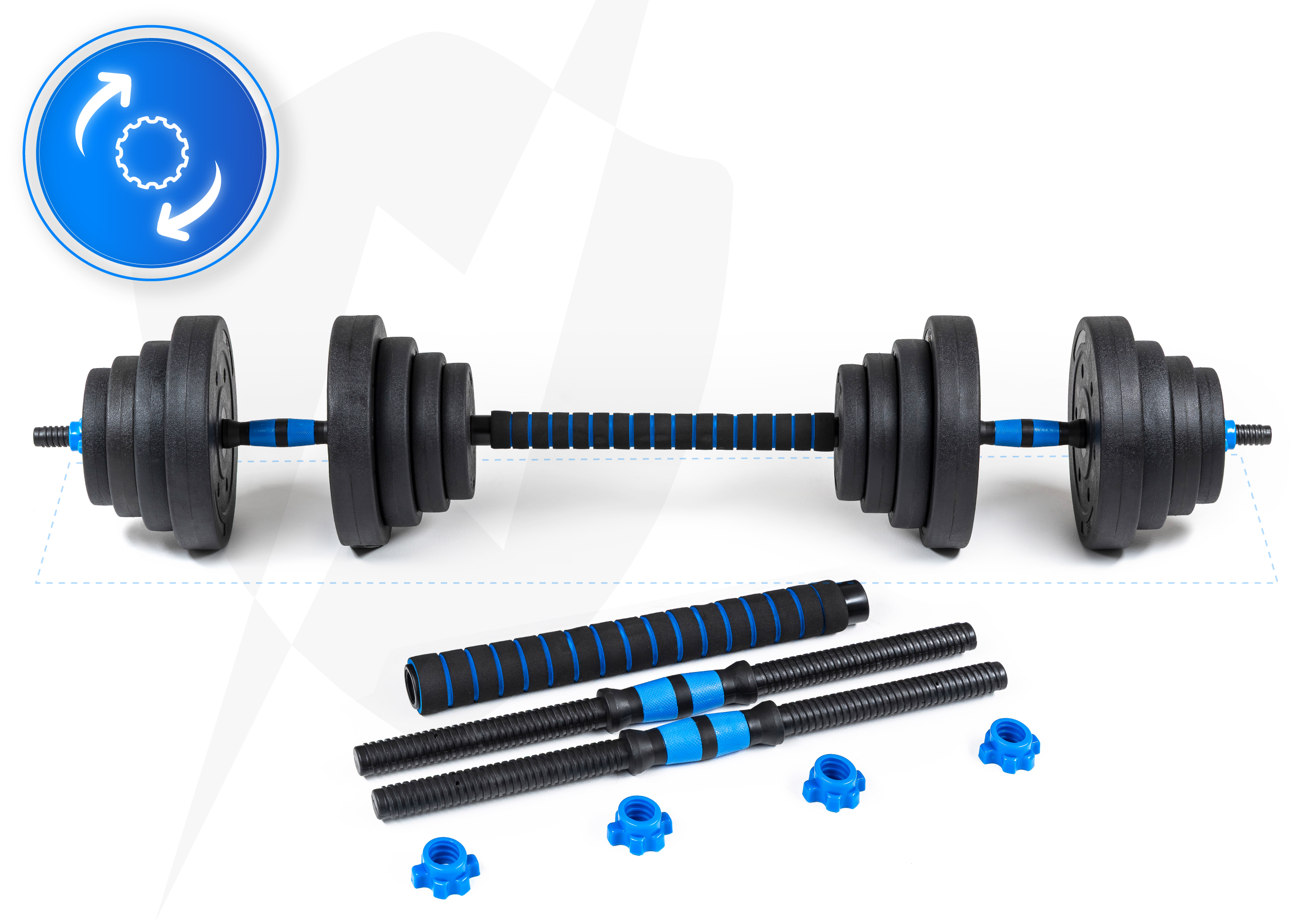 Regulowany hantel z czarnymi talerzami obciążeniowymi i niebieskimi akcentami, wraz z dodatkowymi uchwytami i niebieskimi nakrętkami.