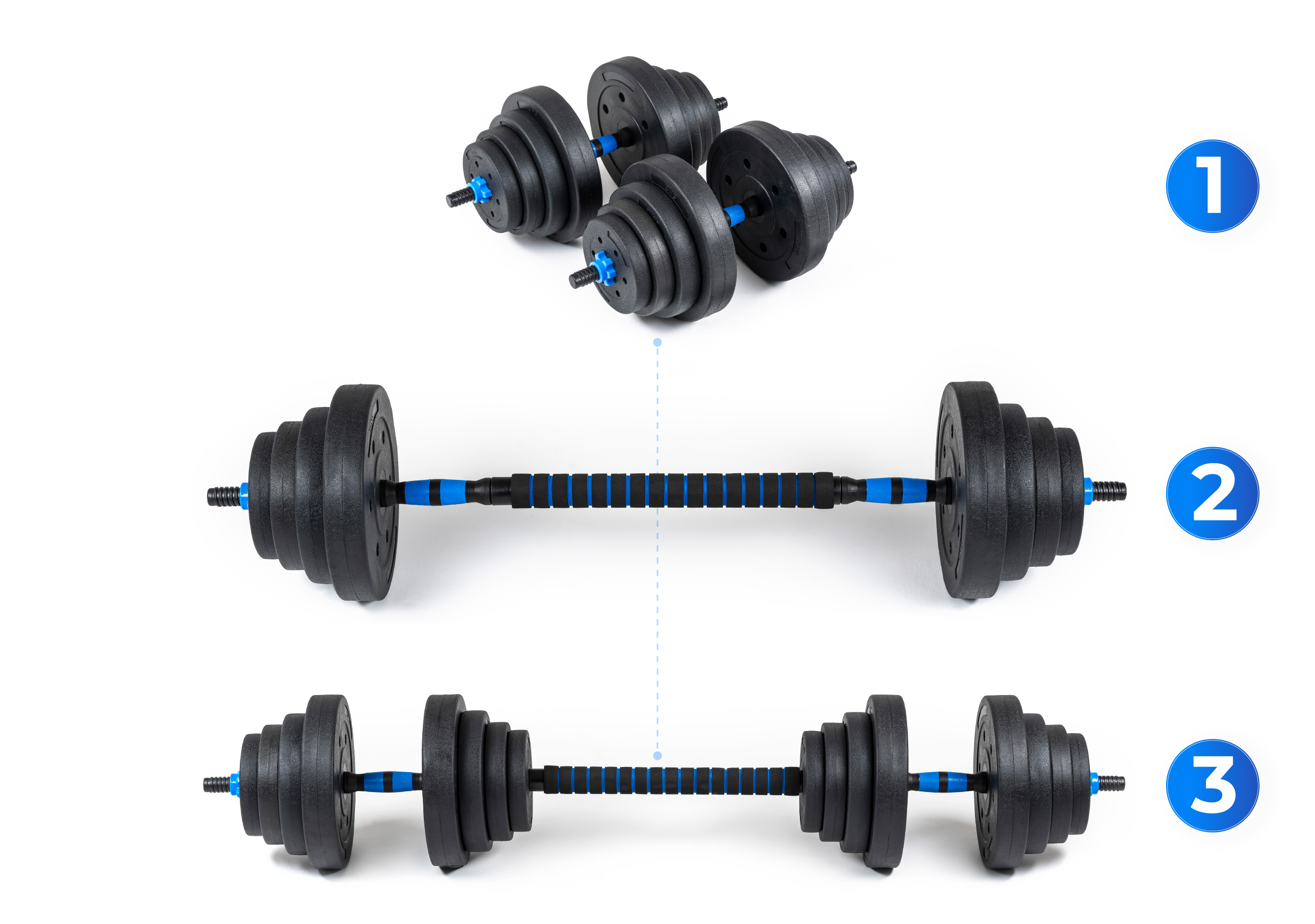 Cztery czarne hantle z niebieskimi akcentami na białym tle. Widoczne są także trzy warianty hantli.