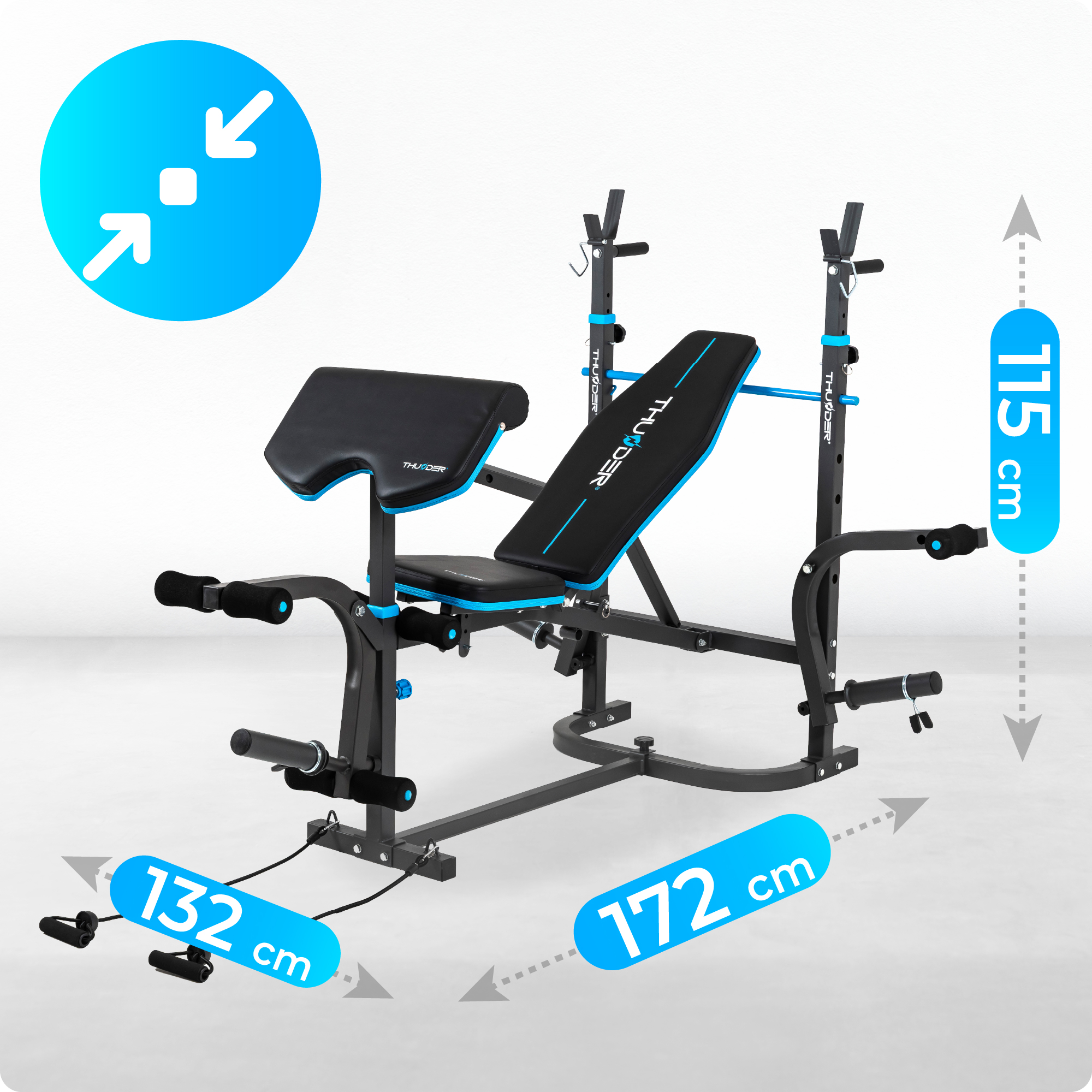 Ławka do ćwiczeń z wymiarami. Wysokość 115cm, szerokość 172cm i głębokość 132cm. Strzałki wskazują wymiary.