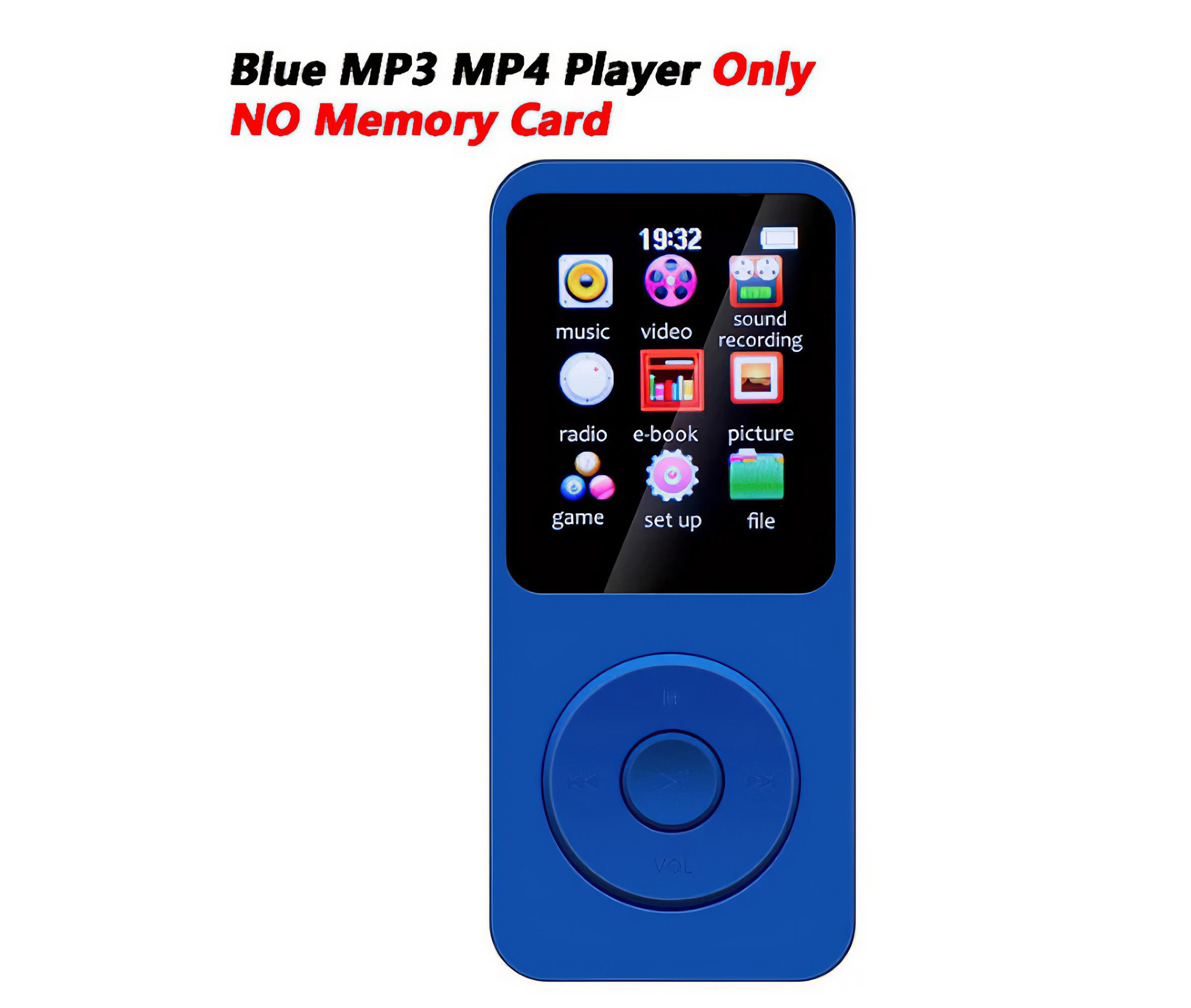 Blauer MP3 MP4 Player mit einem Bildschirm, der Symbole anzeigt. Keine Speicherkarte.