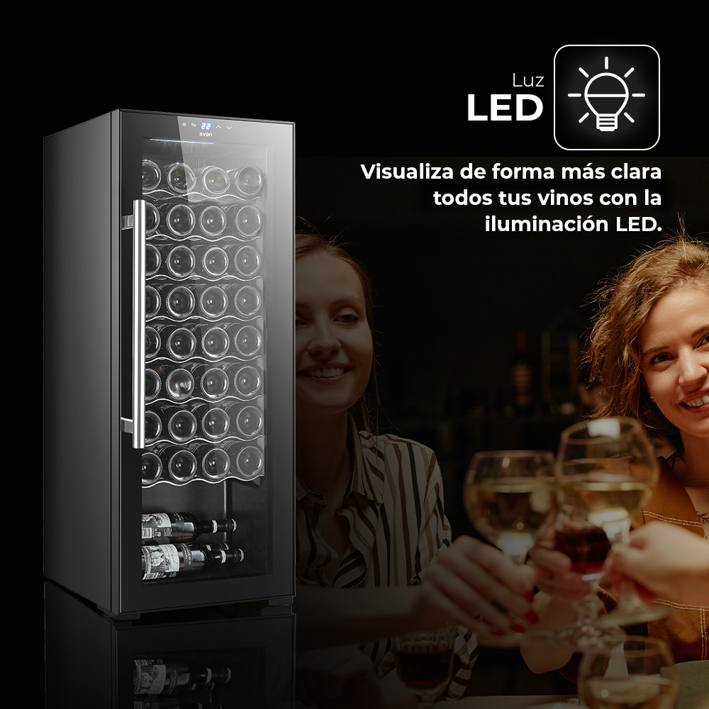 Enfriador de vino con puerta de vidrio. Dos mujeres sonríen. Se sostienen copas de vino. La luz LED ilumina el vino.