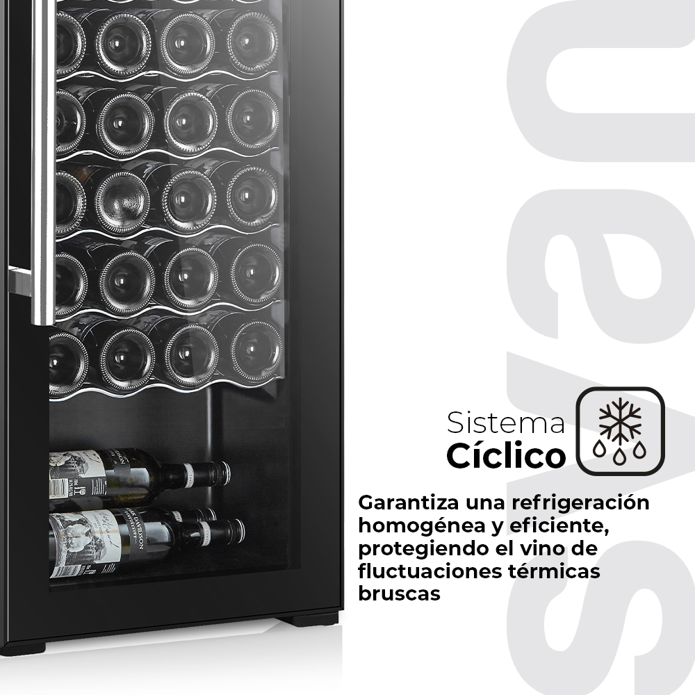Enfriador de vino con puerta de vidrio mostrando botellas. Texto resalta el sistema cíclico para refrigeración y protección térmica.