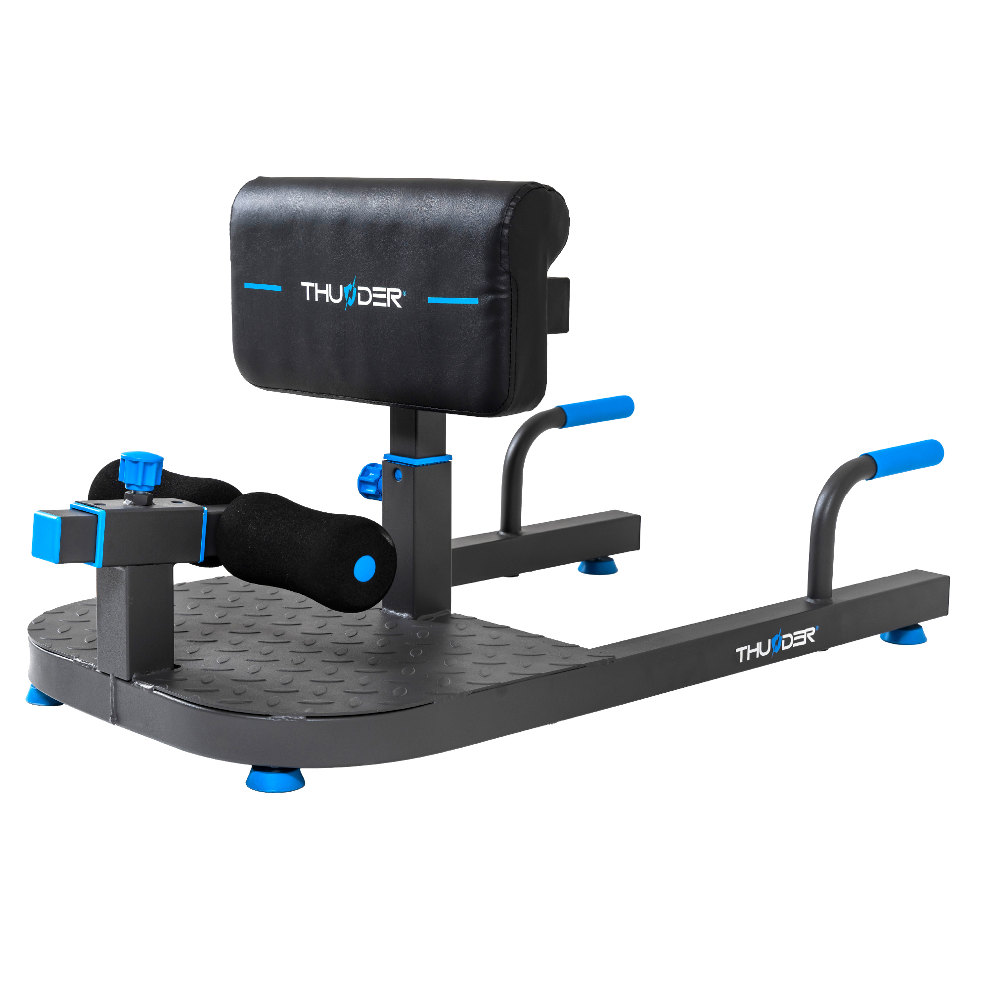 Czarno-szara maszyna do ćwiczeń Thunder. Posiada niebieskie akcenty i czarne siedzisko.